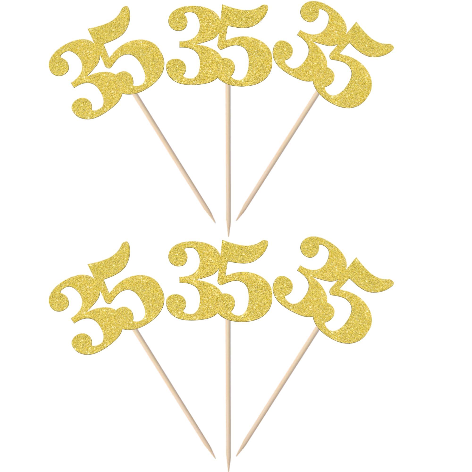 ZHUOWEISM 30 PCS Number 35 Cupcake Toppers Glitter Cheers to 35 years Old Birthday Cupcake Picks 35th Birthday Wedding Anniversary Party Cake Decorations Supplies Gold