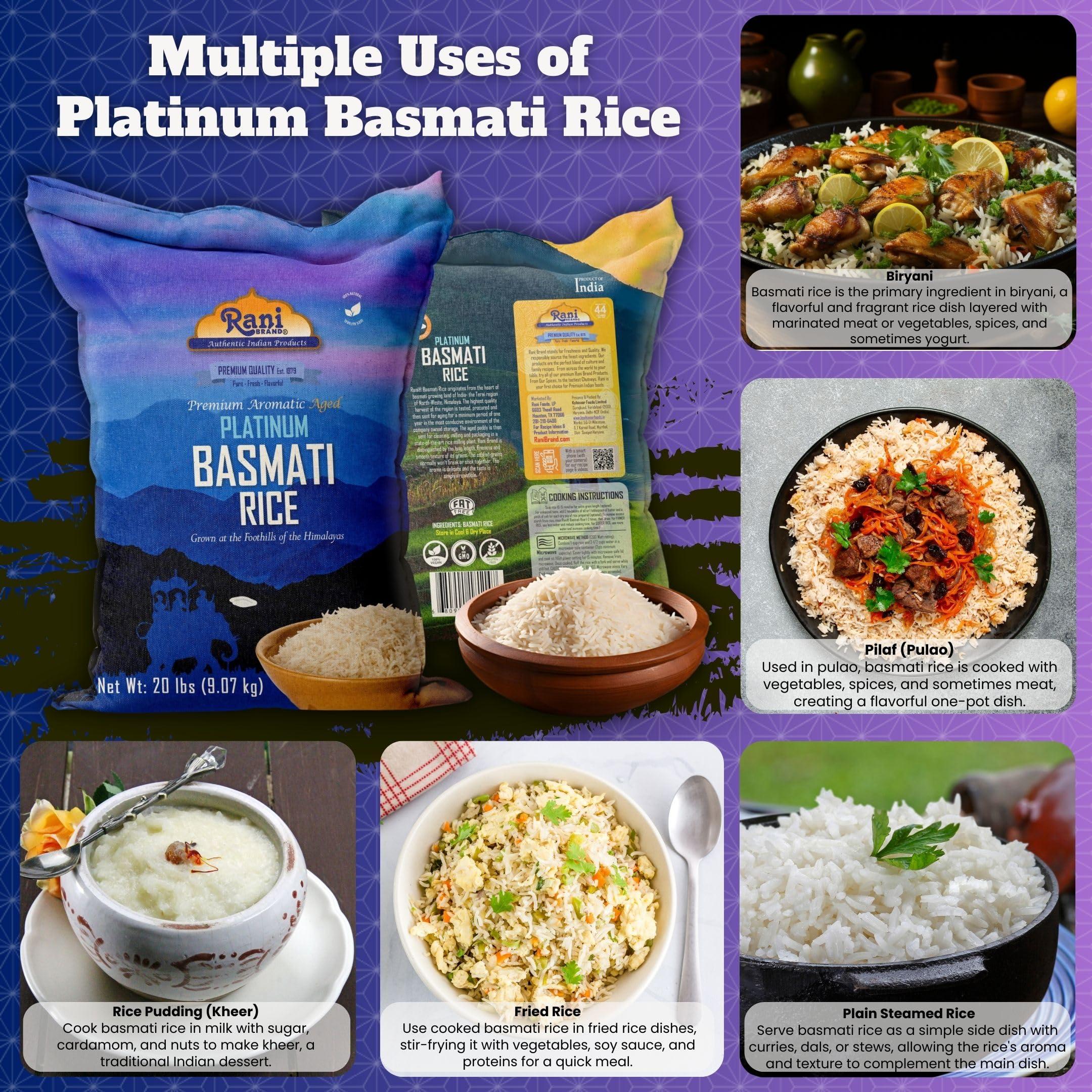 Rani Brand Authentic Indian Products Rani Platinum White Basmati Rice Extra Long Aged 20-Pound Bag, 320oz (20lbs) 9.08kg ~ All Natural | Gluten Friendly | Vegan | Indian Origin | Kosher | Export Quality