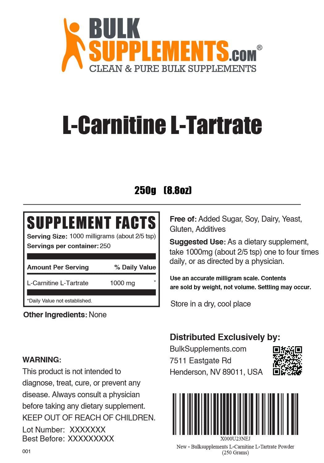 BulkSupplements BULKSUPPLEMENTS.COM L-Carnitine L-Tartrate Powder - Carnitine Supplement, L-Carnitine Tartrate, L Carnitine 1000mg - Amino Acids Supplement, Gluten Free, 1000mg per Serving, 250g (8.8 oz)