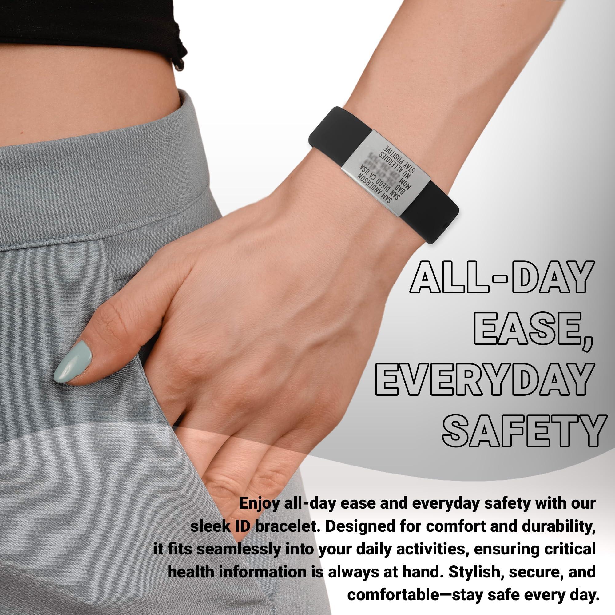 BRECK iD Sleek Wrist ID 22g Silicone Medical Bracelet, 1 Size Adjustable 6\"-8\" - Pin & Tuck Style Wristband, Bracelets for Men & Women, Road ID & Emergency ID Bracelet & Free Engraving