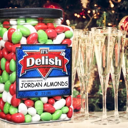 It's Delish Christmas White, Red & Green Jordan Almonds by Its Delish, 3.5 lbs. Jumbo Reusable Container | Candied Almonds with Sweet Hard Candy Coating - Perfect for Christmas Themed Parties - USA Made & Vegan
