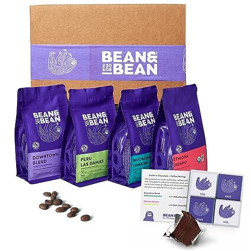 DAILY ROASTED BEAN&BEAN ORGANIC COFFEE Bean & Bean Around the World Coffee & Chocolate Gift Set 4 x 1.8oz Coffee Samplers Paired with Belgian Chocolates - Organic & Fair Trade - Includes Single Origin Coffee - Medium Roast, Whole Bean