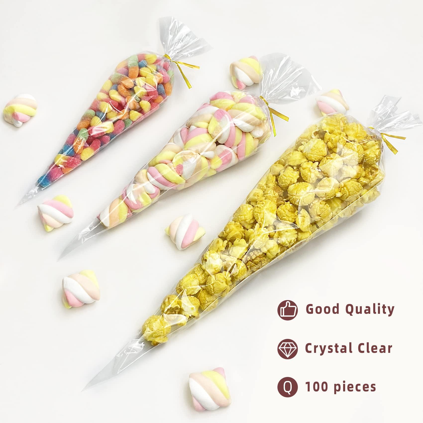 Morepack Morepack Cone Treat Bags, 100Pcs, 7x15 Inches, Clear Cellophane, with Twist Ties, for Treats, Popcorn, Candy, Party Favors