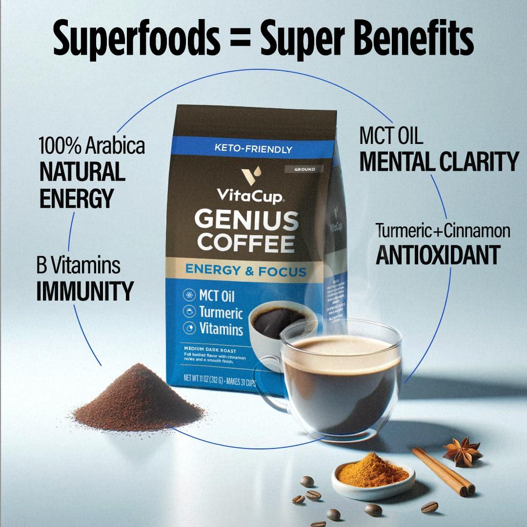 VitaCup VitaCup Genius Ground Keto Coffee w/Turmeric, MCT Oil, B Vitamins, D3, Ground Coffee Medium Dark Roast, Bold & Smooth, 100% Arabica Coffee Grounds, 4 bags, 11oz each