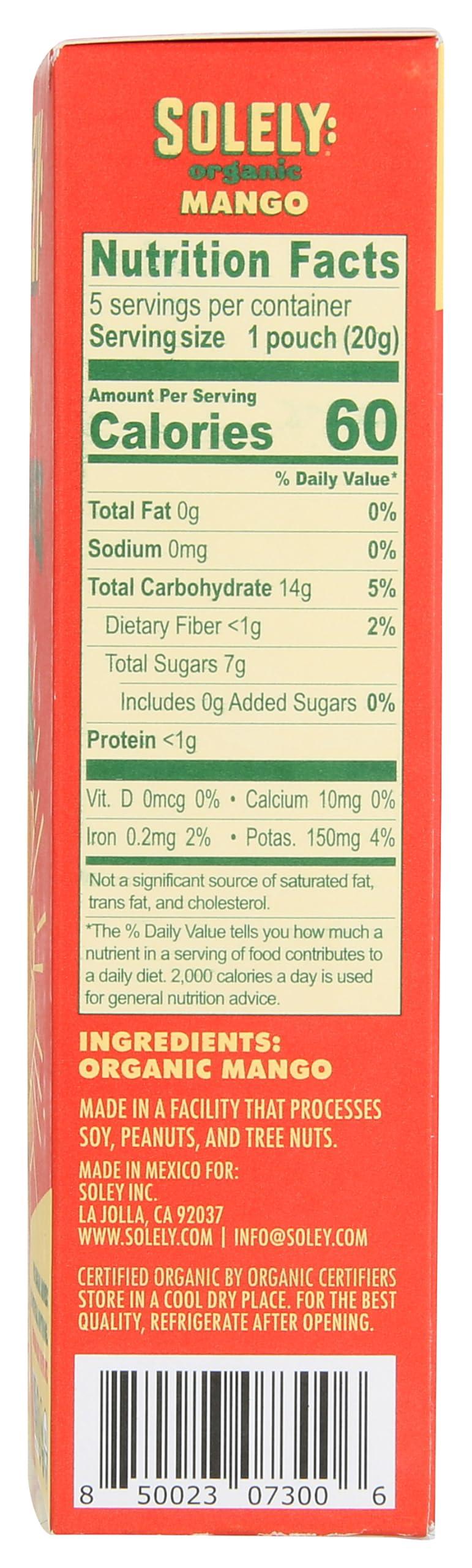 SOLELY SOLELY Organic Mango Whole Fruit Gummies | Two Ingredients | No Added Sugars, Artificial Colors or Flavors | Vegan Fruit Snacks, 0.7 Ounce (Pack of 5)