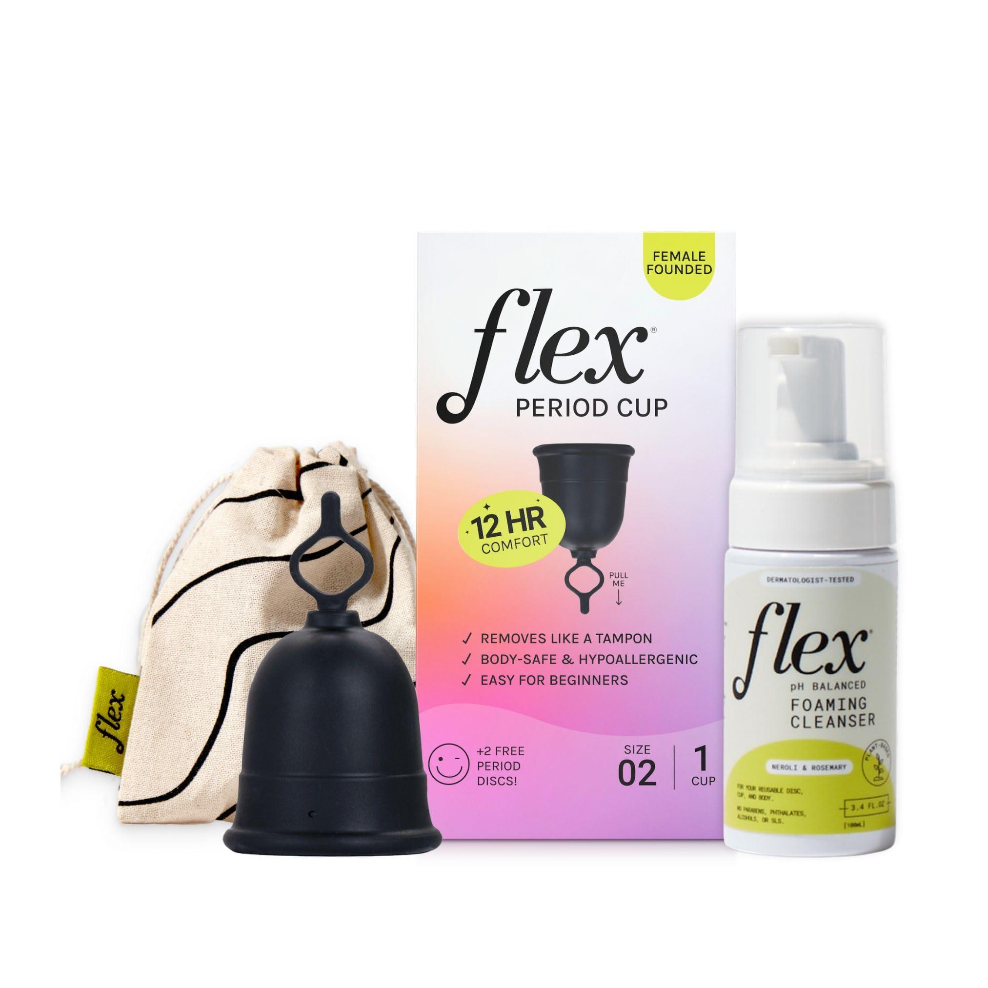 FLEX Flex Cup Starter Kit (Full Fit - Size 02) Bundle | Reusable Menstrual Cup + 2 Free Menstrual Discs + Foaming Cleanser with Neroli