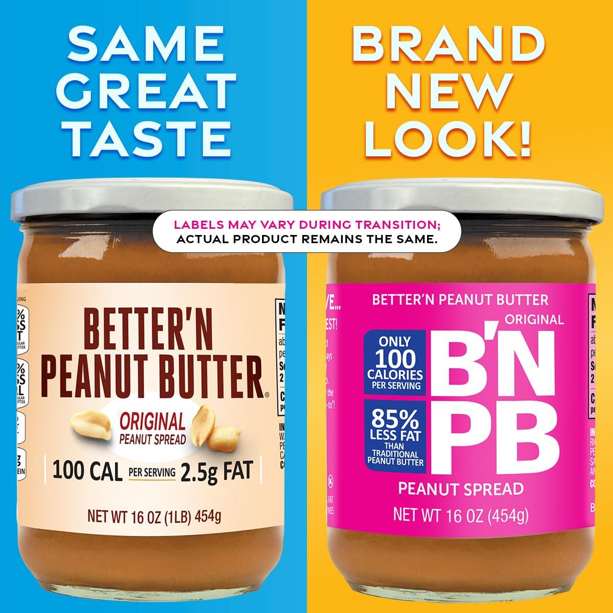 Better'n Peanut Butter Original Low Fat Peanut Butter Spread by Bettern Peanut Butter, Creamy Low-Calorie Peanut Spread with No Saturated Fat, Gluten Free, Dairy Free, Non GMO, Kosher, Pack of 2, 16 oz. Glass Jars