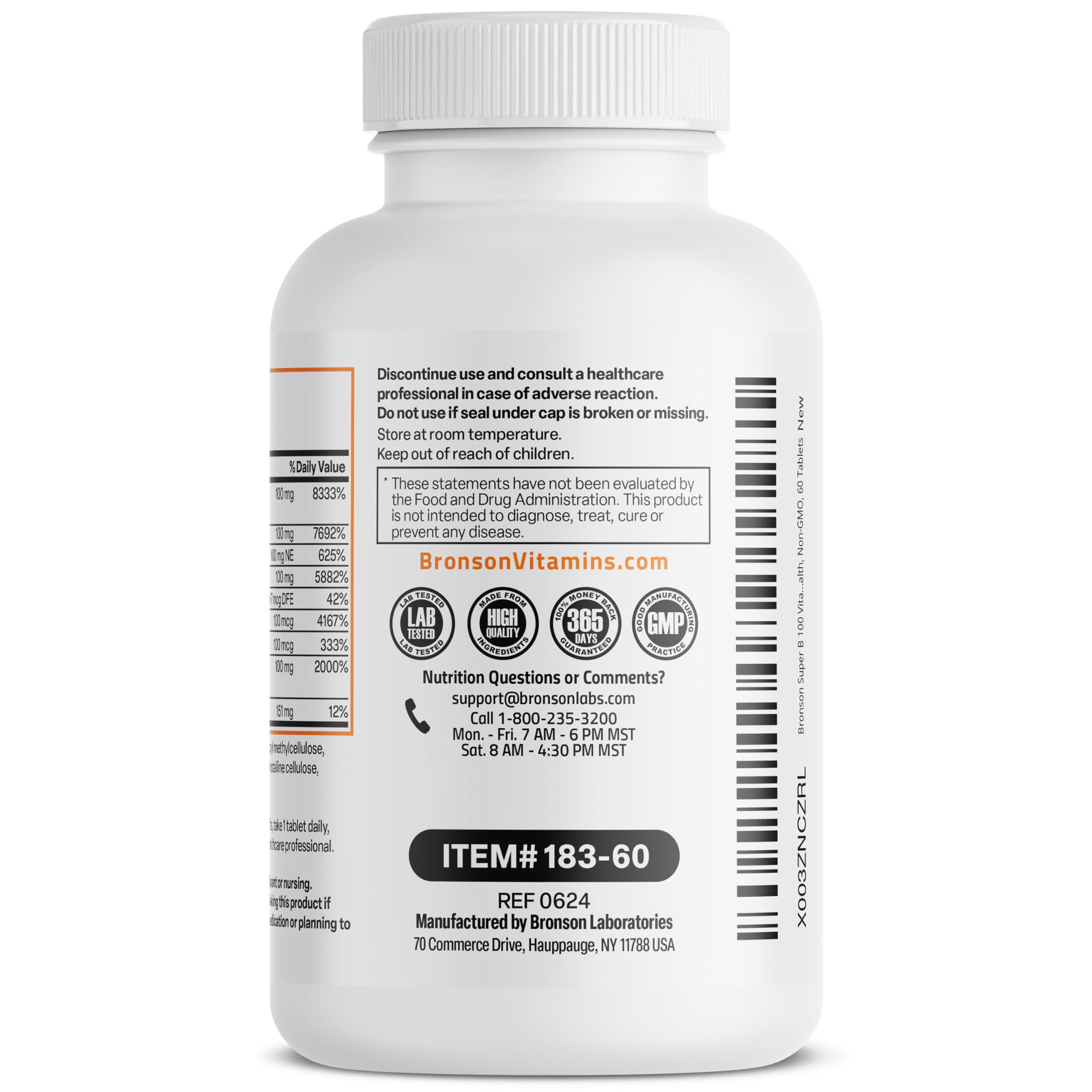 Bronson Bronson Vitamin B 100 Complex High Potency Sustained Release (Vitamin B1, B2, B3, B6, B9 - Folic Acid, B12), 60 Tablets