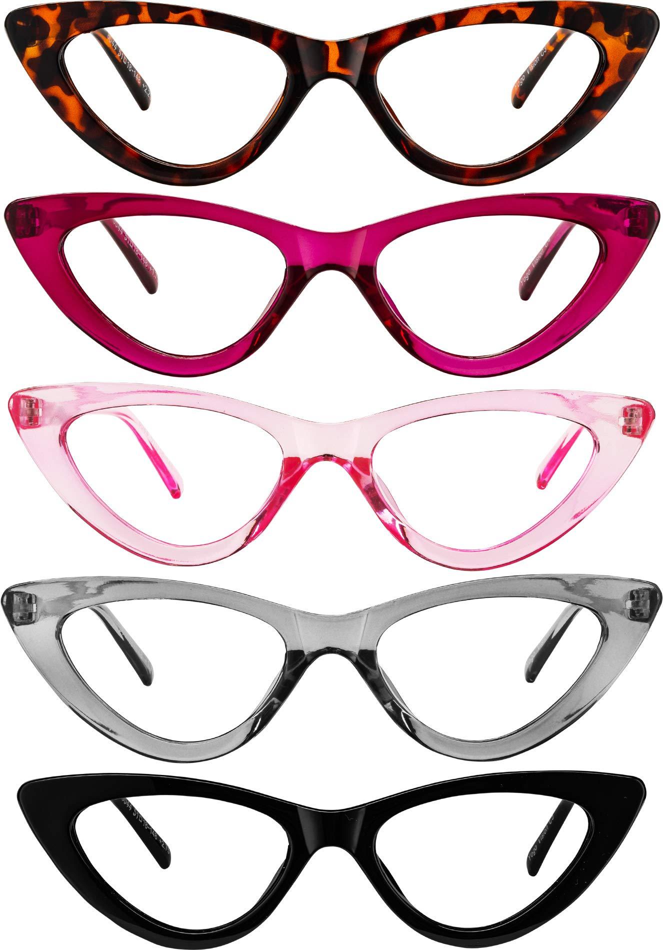 Yogo Vision Yogo Vision Reading Glasses Readers for Women Cateye Eyeglasses and Light Spring Hinge Frame Set of 5: Black, Grey, Pink. Hot Pink, Brown Havana 2.25