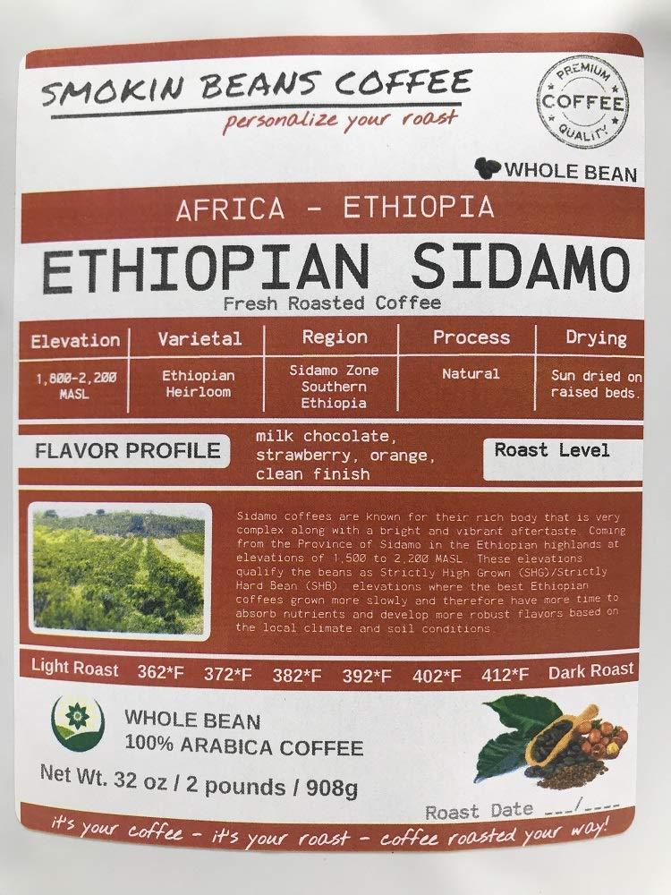 Smokin Beans 2-pound Ethiopia Sidamo (Fresh Roasted Coffee) Arabica heirloom beans roasted-to-order daily medium roast whole bean we can grind or provide lighter or darker roast upon request message at checkout