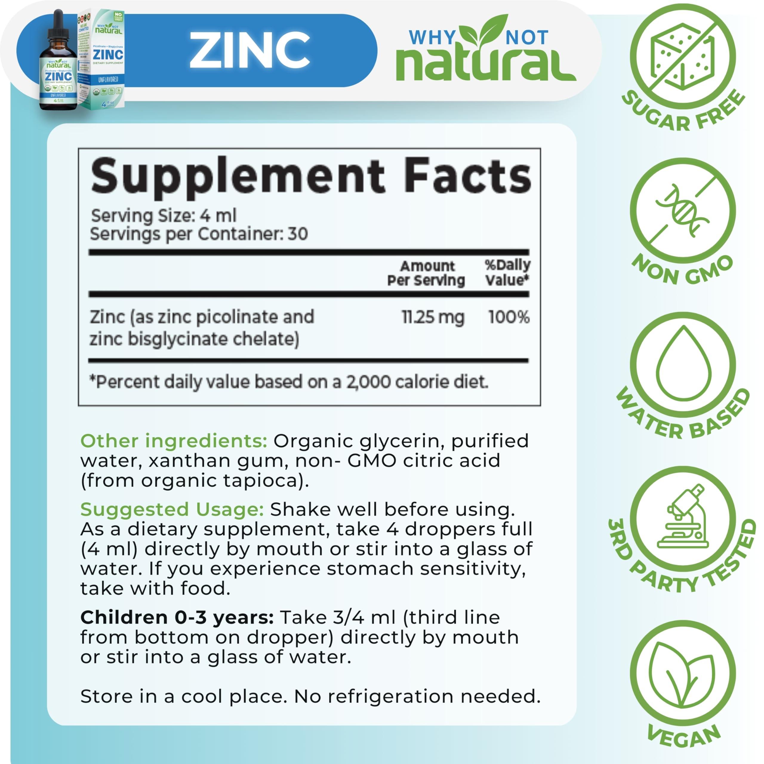 Why Not Natural Organic Liquid Zinc Drops Supplement with Chelated Zinc Picolinate and Bisglycinate, USDA Organic and Vegan