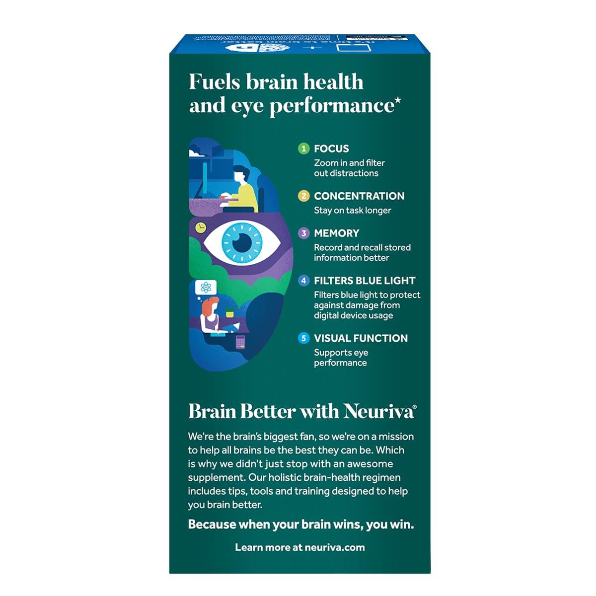 NEURIVA NEURIVA Brain + Eye Supplement for Memory, Focus & Concentration with Clinically Tested Lutein and Zeaxanthin, Vitamins A C & E + Zinc for Eye Health & Filter Blue Light 30 Count Capsules (2 Pack)