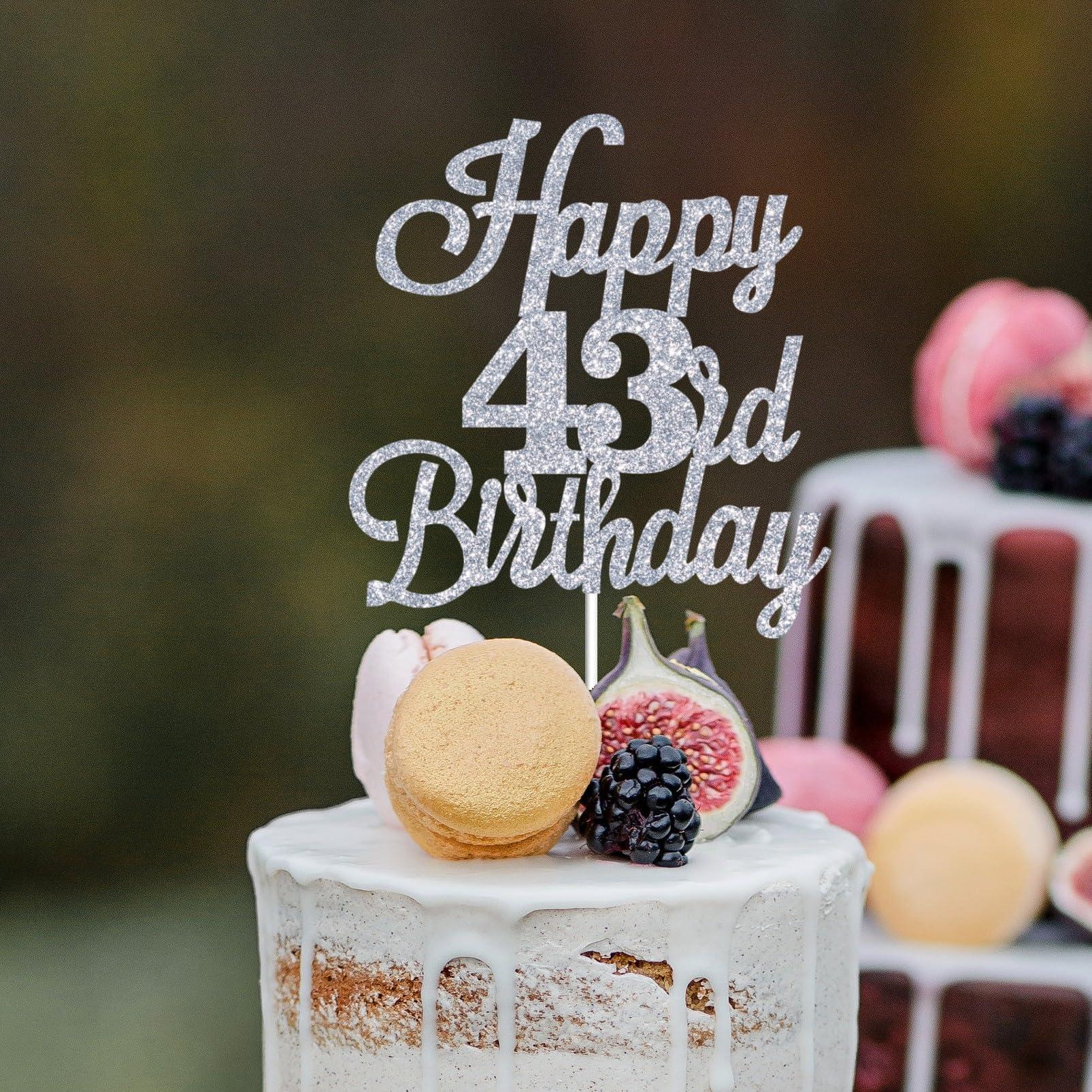 JUTTIRA Happy 43rd Birthday Cake Toppers Silver Glitter, Cheers to 43 Years Old Bday Decoration 43rd Anniversary Cake Topper, Forty-three Theme Cake Decorations for Birthday Anniversary Party