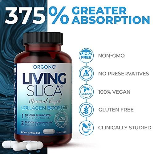 Orgono Living Silica Living Silica Collagen Booster Capsules | Ultra High Absorption | Supports Healthy Collagen and Elastin Production for Joint & Bone Support, Glowing Skin, Strong Hair & Nails (120 Count)