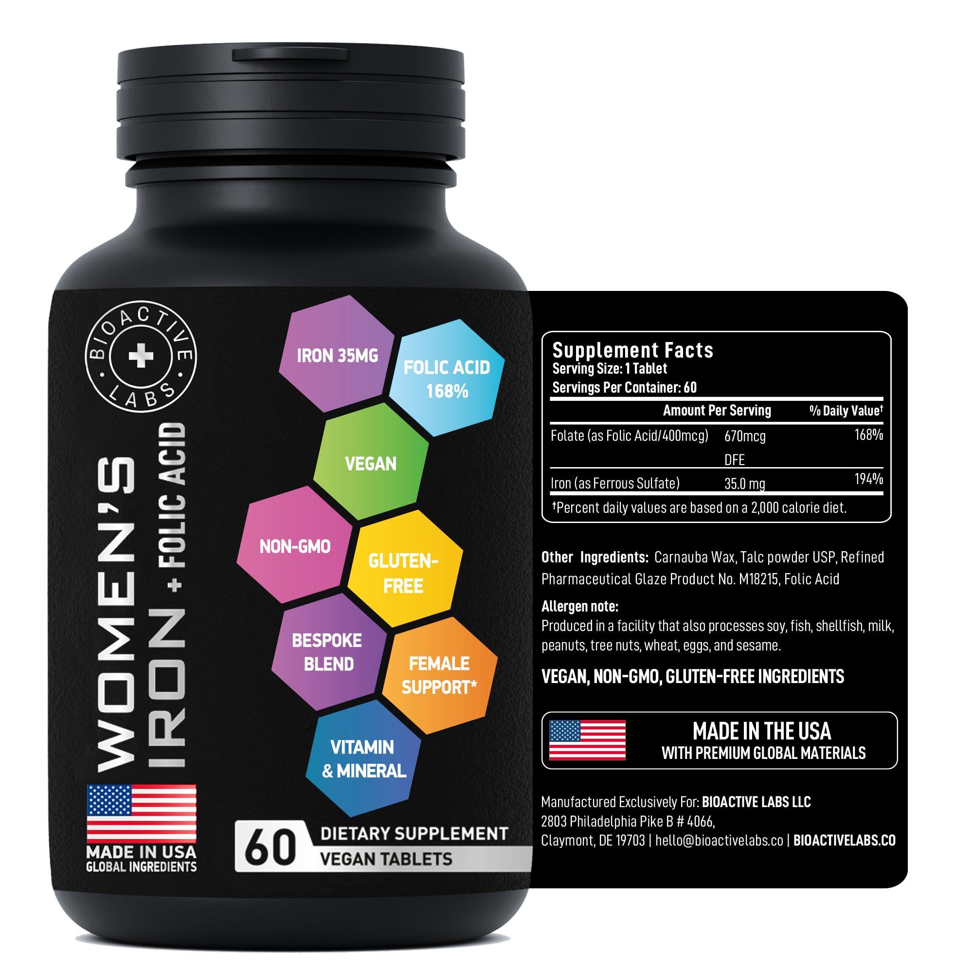 BIOACTIVE LABS Vegan Iron Supplements for Women with Folic Acid - 168% Folate Folic Acid, 194% Ferrous Sulfate Blood Builder with Anemia and Pregnant Women - 60 Gluten-Free Gentle Iron Tablets