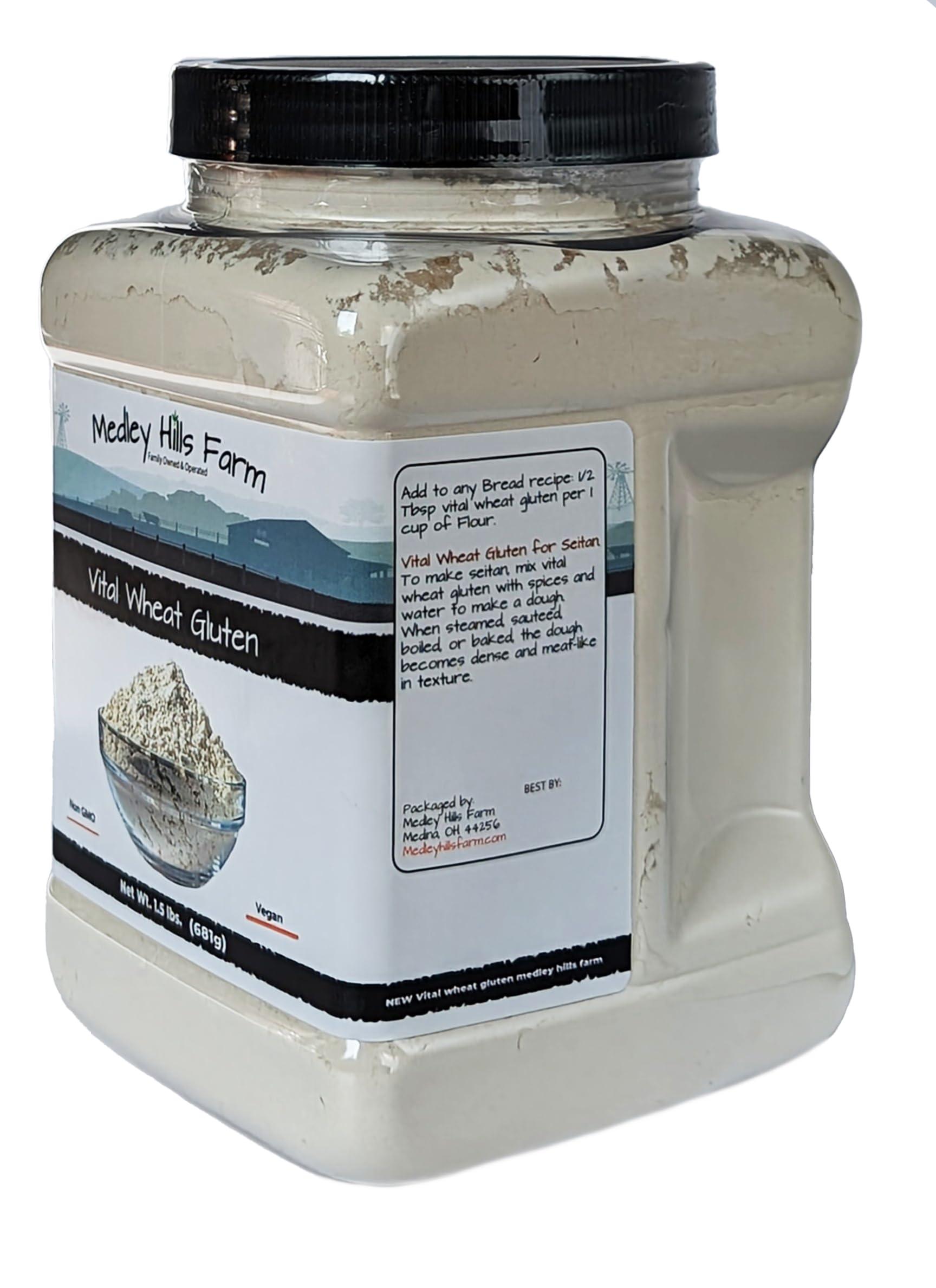 Medley Hills Farm Vital Wheat Gluten By Medley Hills Farm 1.5 lbs. in Reusable Container - High in Protein - Vegan - Non GMO - Keto Friendly - Make Seitan - Great Vital Wheat Gluten for Bread Making