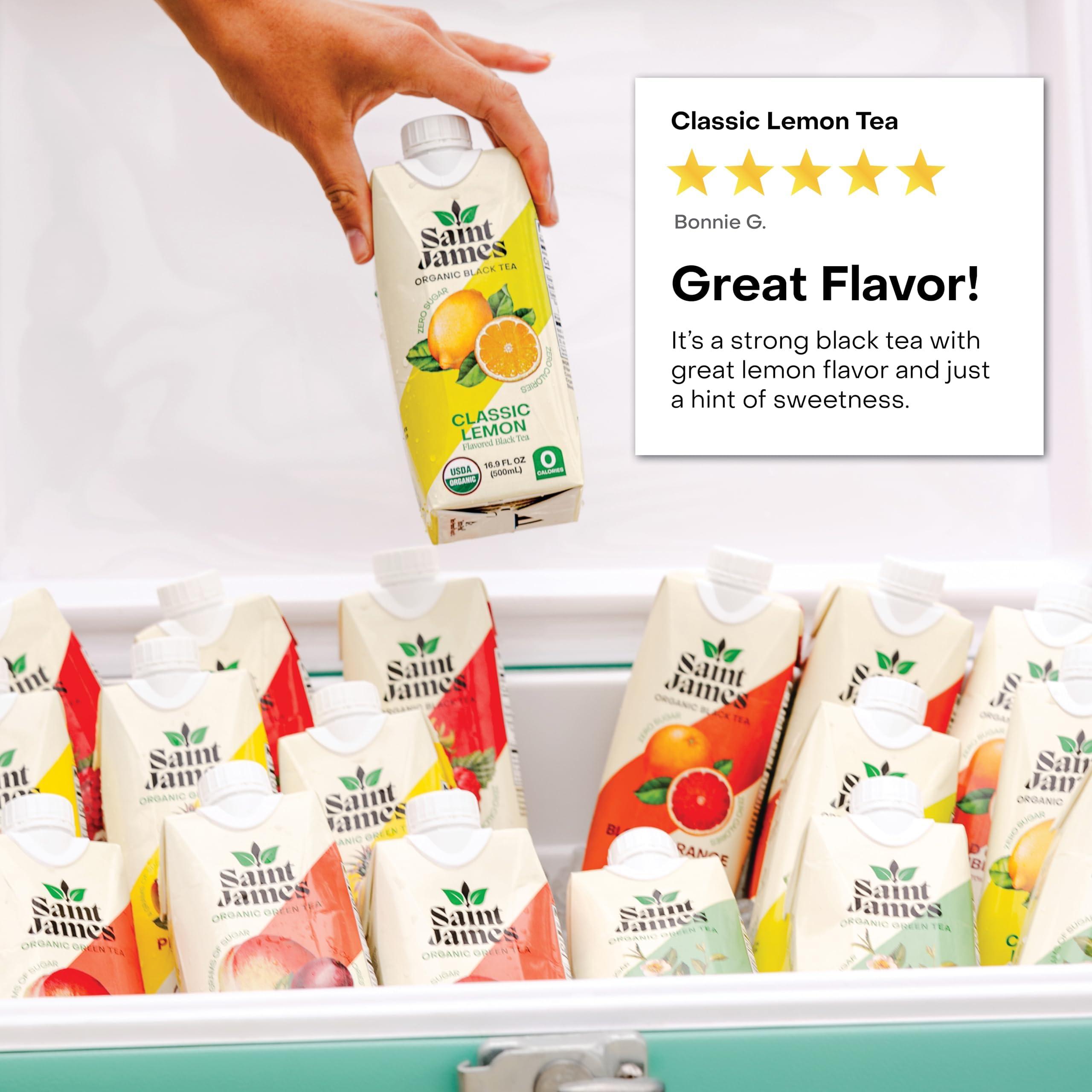 Saint James Brands Saint James Organic Black Tea, Classic Lemon, Zero Sugar, Kosher, USDA Certified Organic, 16.9 Fluid Ounce (Pack of 12)