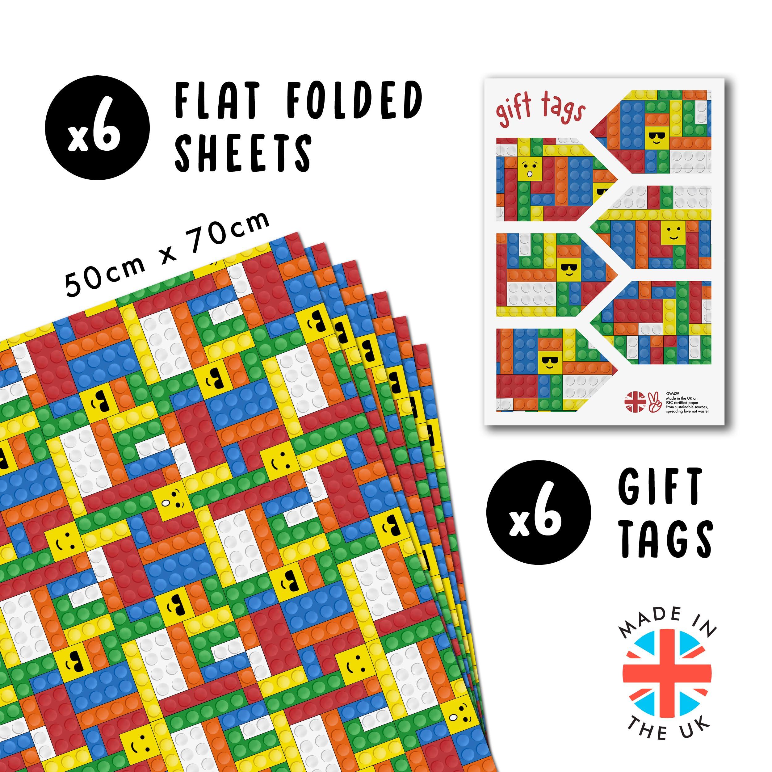 CENTRAL 23 CENTRAL 23 Colorful Wrapping Paper - Lego Building Blocks - 6 Sheets of Gift Wrap - Birthday Wrapping Paper for Kids - Christmas Wrapping Paper for Boys and Girls - Comes With Fun Stickers