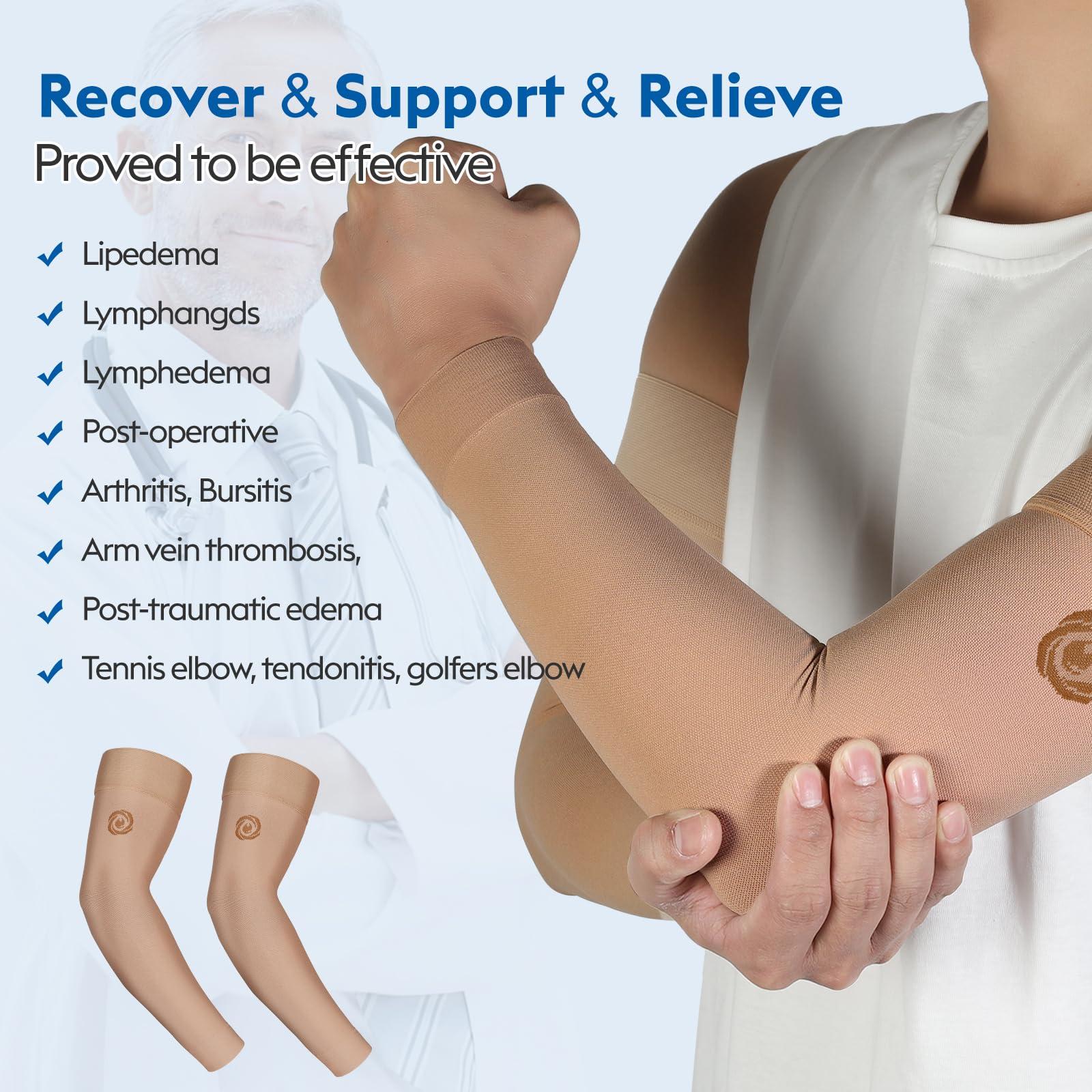 NURCOM NURCOM Medical Compression Arm Sleeve for Men Women, 2 Pack, No Silicone, Soft-In 20-30mmHg for Lymphedema, Lipedema, Pain Relief, Edema, Swelling, Post Surgery Recovery, Beige M