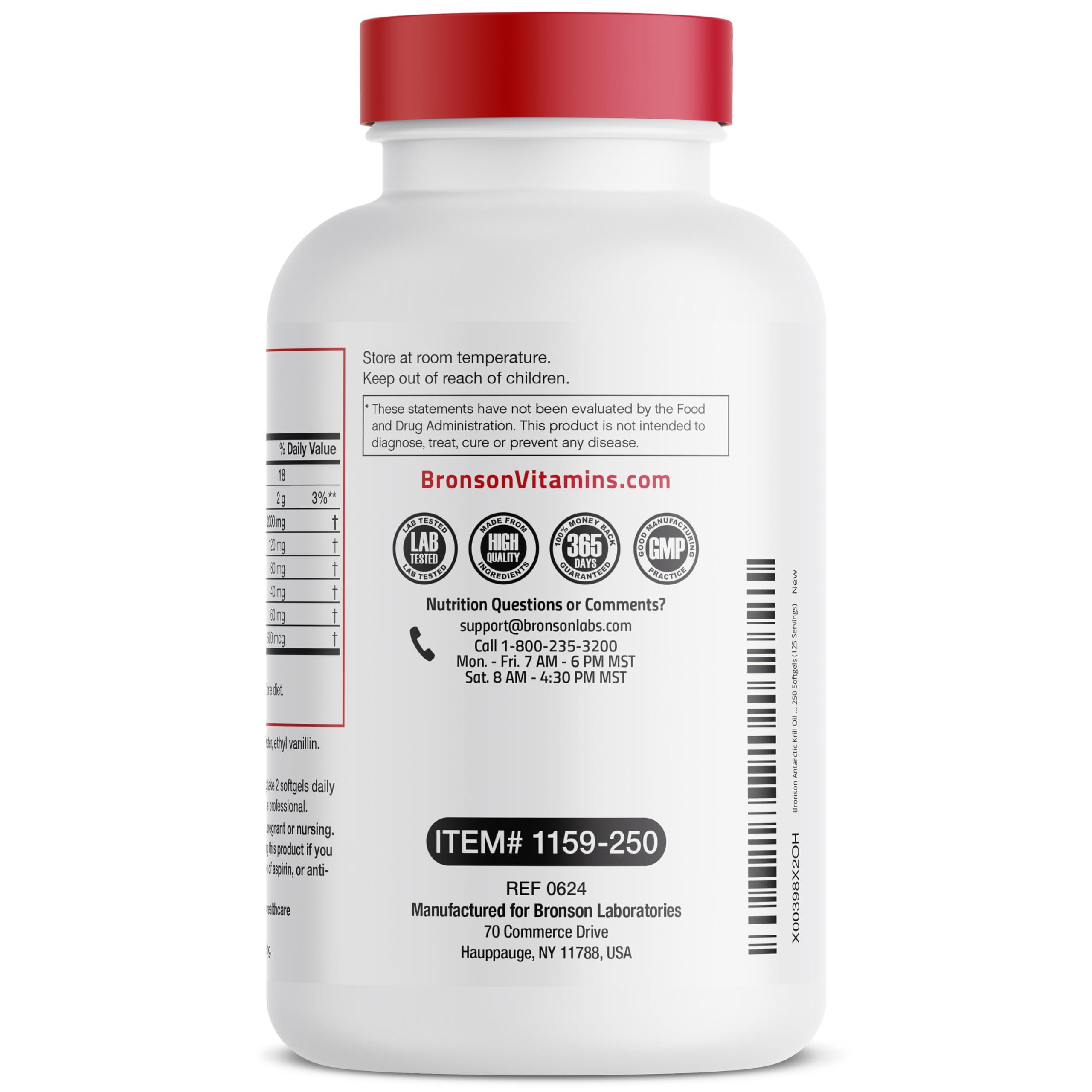 Bronson Bronson Antarctic Krill Oil 2000 mg with Omega-3s EPA, DHA, Astaxanthin and Phospholipids, 250 Softgels (125 Servings)