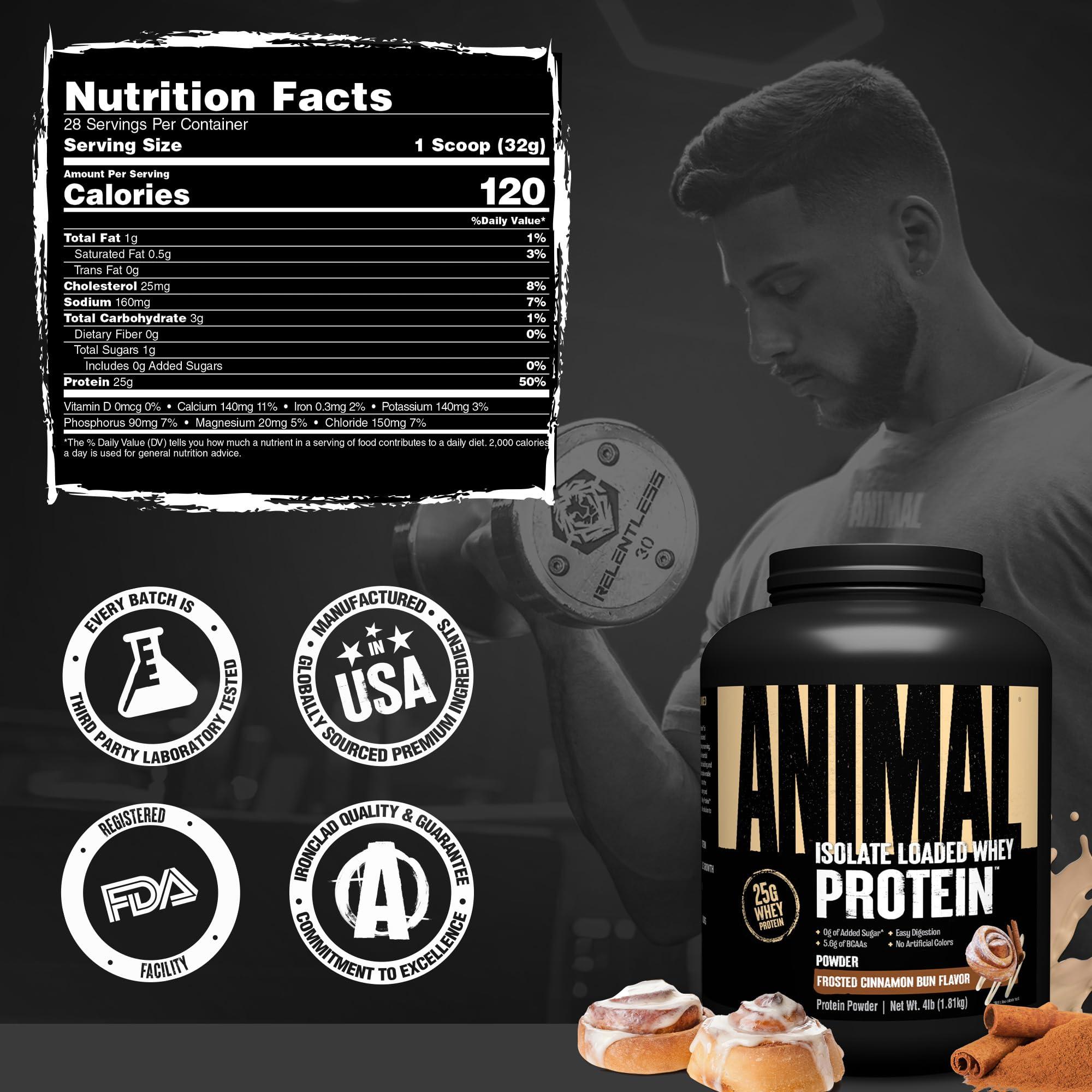 Animal Animal Whey Isolate Protein Powder - Loaded for Pre & Post Workout Muscle Builder and Recovery with Digestive Enzymes for Men & Women - 25g Protein, Great Taste, Low Sugar - Frosted Cinnamon Bun 4 lbs