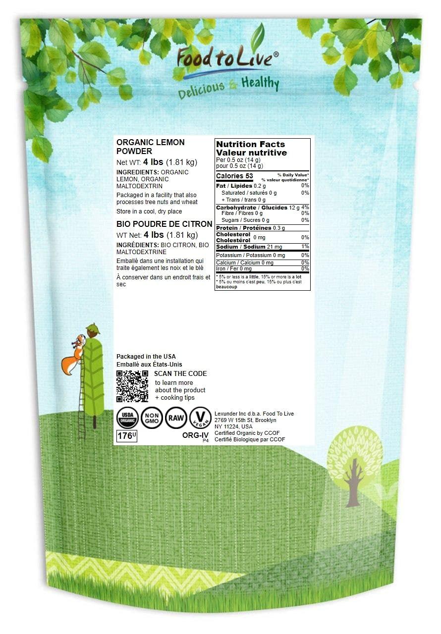 Food to Live Food to Live Organic Lemon Powder, 4 Pounds - Non-GMO, Unsulfured, Made from Raw Dried Citrus Fruit, Vegan, Bulk, Great for Baking, Juices, Smoothies, Yogurts, Contains Maltodextrin, No Sulphites