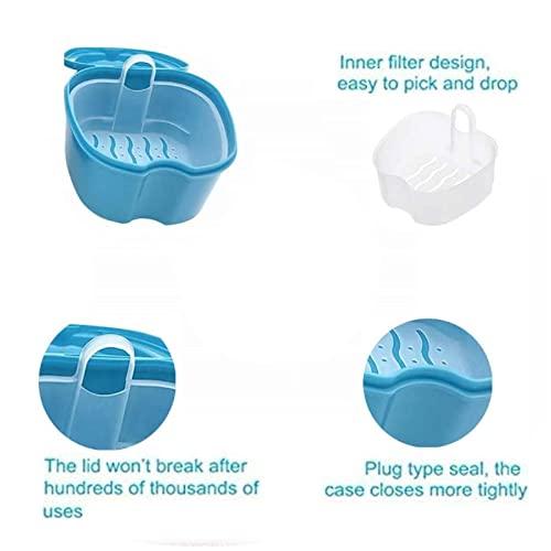 SEIWEI Denture Bath Case Cup Box Holder Storage Container with Strainer Basket for Retainer False Teeth Travel Cleaning (Light Blue)