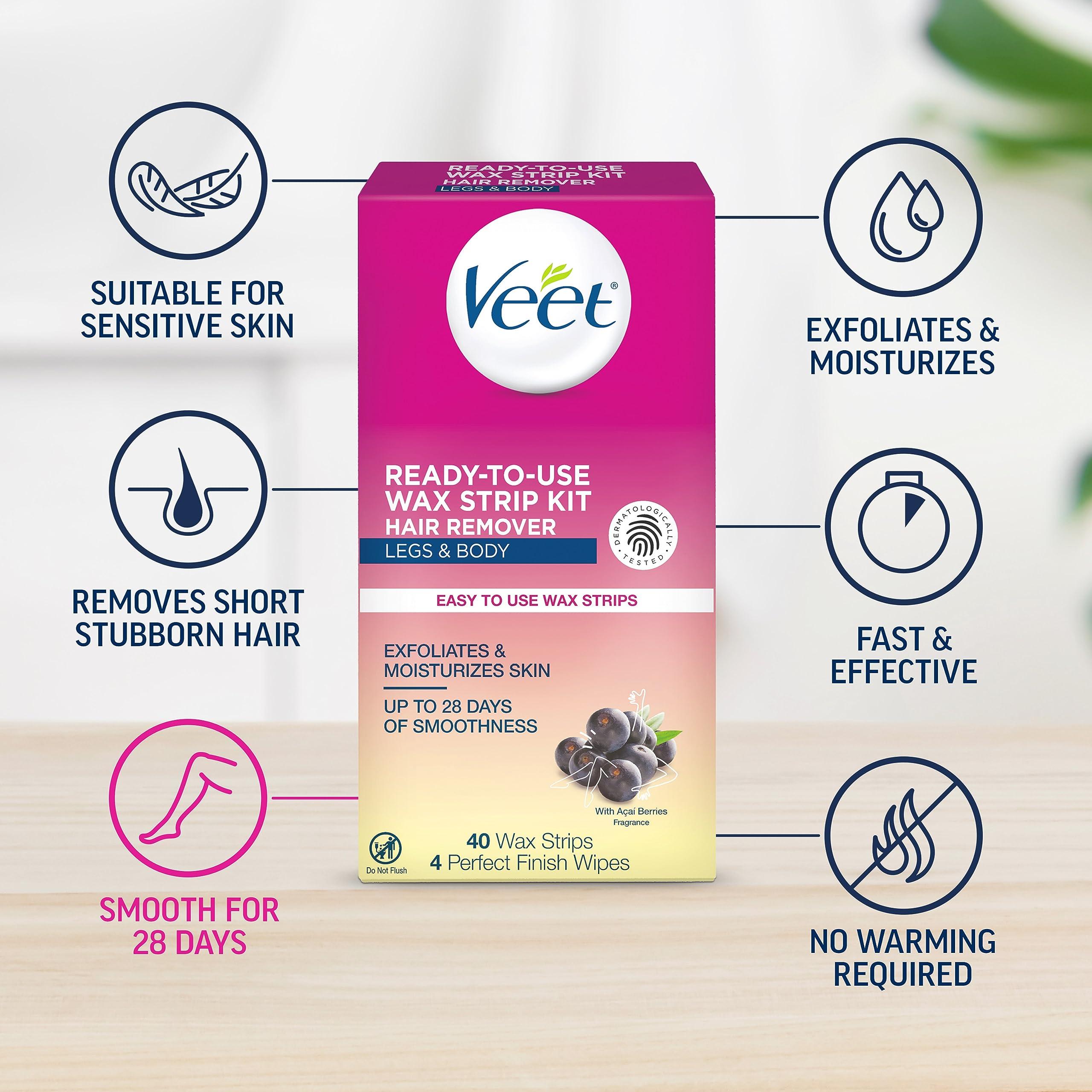 Veet Veet Ready-To-Use Waxing Kit For Women | Wax Strips For Body Hair Removal, Wax Kit For Ingrown Hair Treatment, Personal Care Product, Hair Remover | 40ct Waxing Strips, 4ct Body Wipes