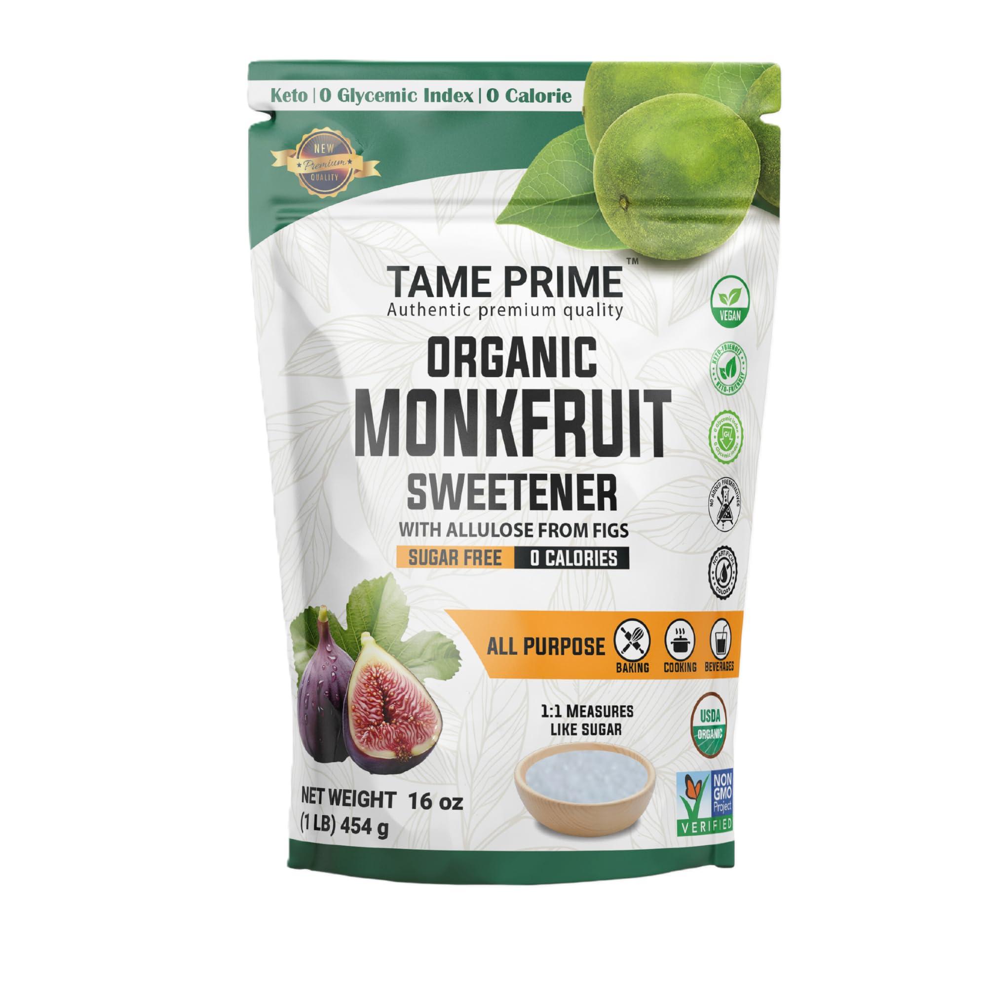 TAME PRIME AUTHENTIC PREMIUM QUALITY Tame prime USDA Organic Monkfruit sweetener with Allulose from figs, 1 lb (454 g), 1:1 sweet like sugar, organic monk fruit without erythritol, 0 calories, 0 Glycemic index, Keto