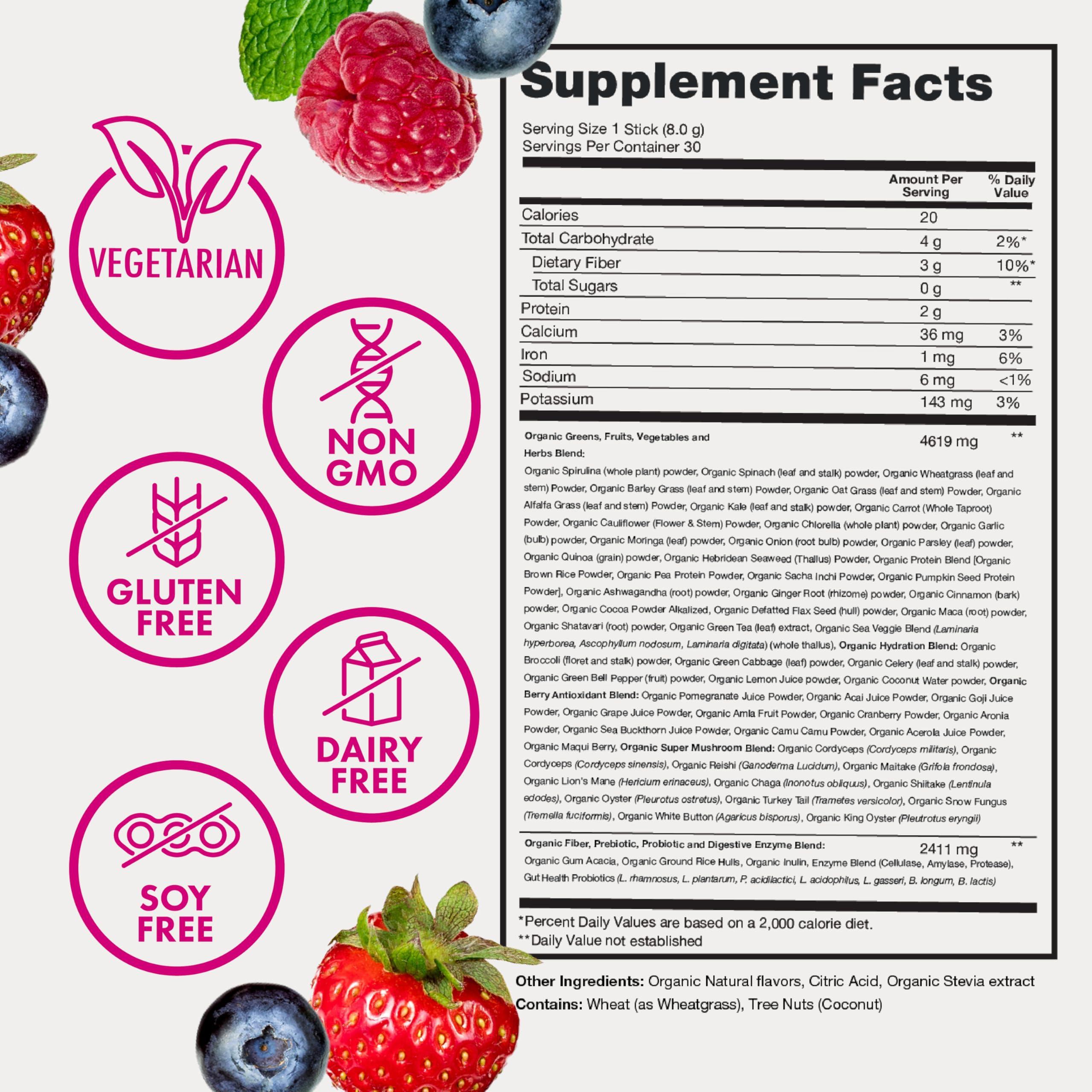 Zena Fit Nutrition Zena Organic Super Greens Powder, 70+ Superfoods Drink Mix, 0 Sugar, 3G Fiber, Fruits, Veggies, Spirulina, Chlorella, Antioxidants, Pre & Probiotics, Digestive Enzymes, Mixed Berry Flavor, 30 Packets