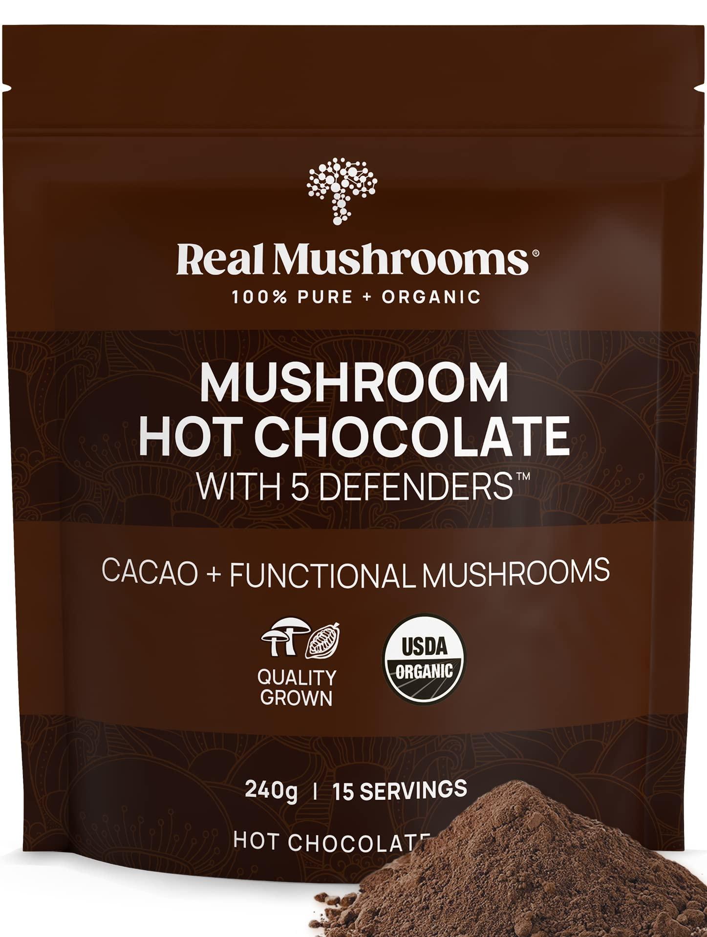 Real Mushrooms Real Mushrooms Organic Hot Chocolate Mix with 5 Defenders Turkey Tail, Chaga, Maitake, Shiitake, Reishi Mushroom - Cacao Powder Vegan Supplement, Gluten-Free, 15 Servings