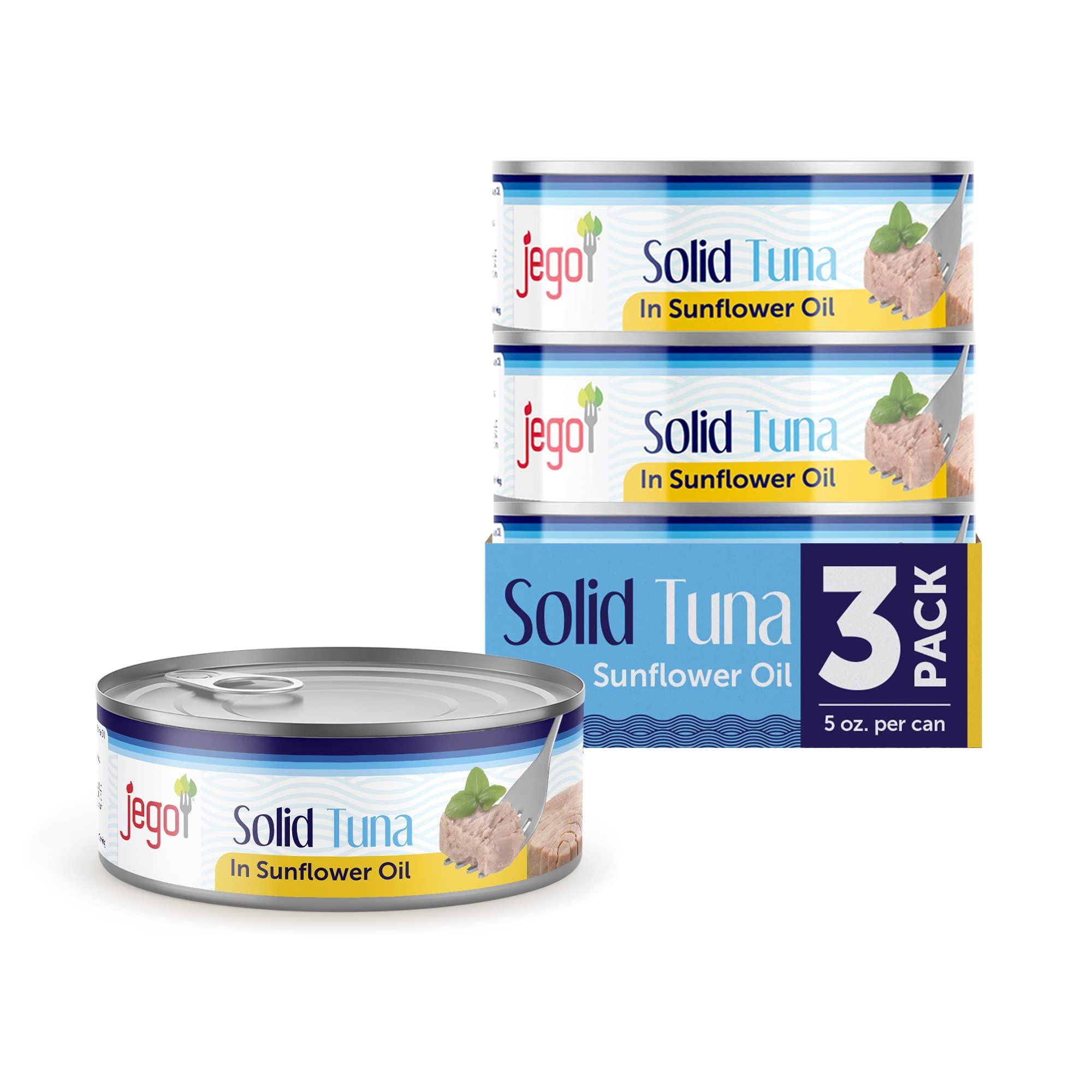 JEGO Jego Solid Tuna in Sunflower Oil | Wild Natural Catch Tuna | Keto | Low Carb | Gluten Free | Soy Free | Canned | Ready to eat | Pack of 3 | 5oz can