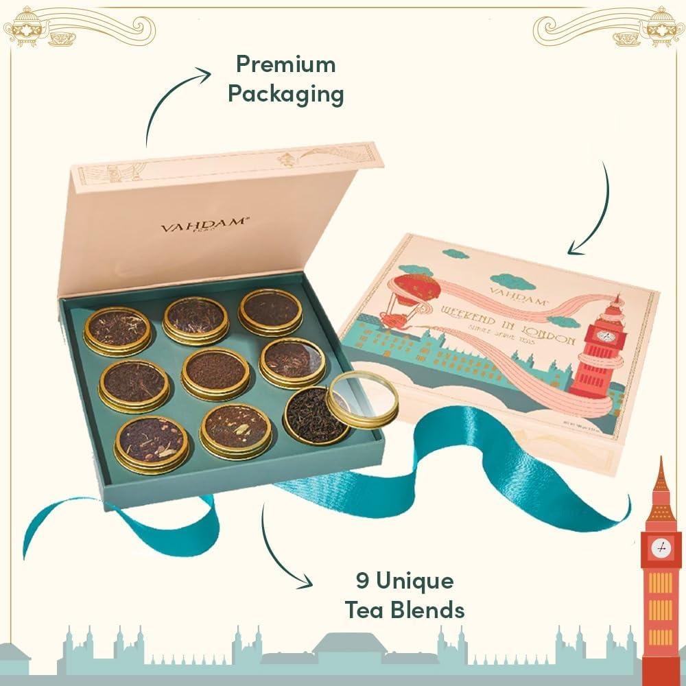 VAHDAM VAHDAM, Weekend in London Valentines Day Tea Gift Set - 9 Loose Teas | Tin Caddy Travel Edition Gift Box | Valentines Day 2025 Gift Ideas for Women & Men | Gluten Free, Non GMO