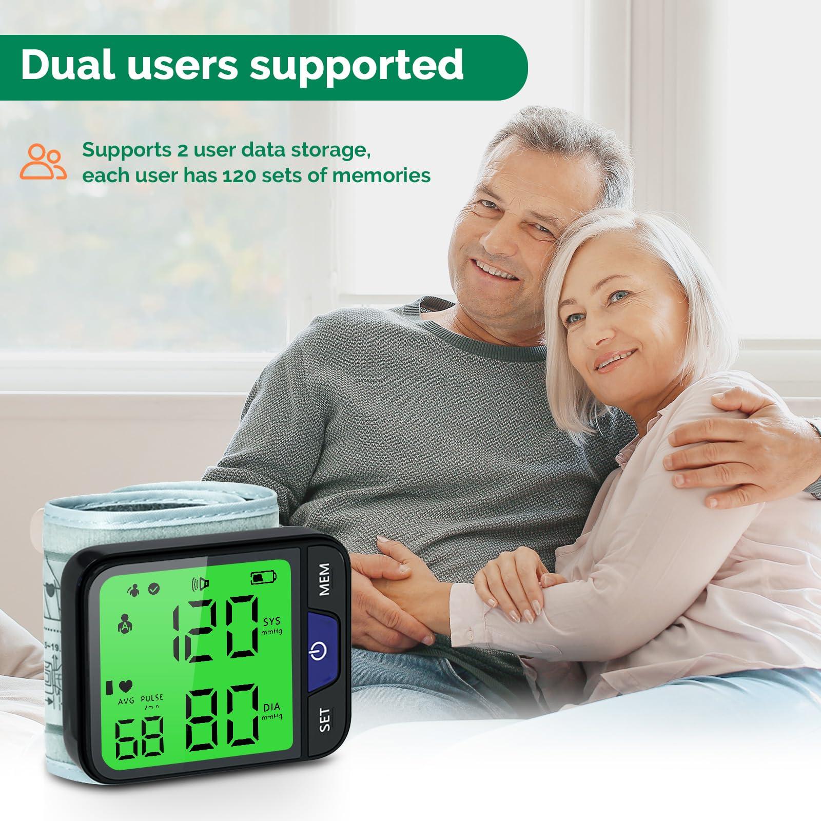 Greetmed Wrist Blood Pressure Monitor Automatic Wrist Bp Monitor with Voice Digital 3 Color Backlit LCD Display 240 Readings for Dual Users Portable Adjustable Cuff Bp Machine for Home Use