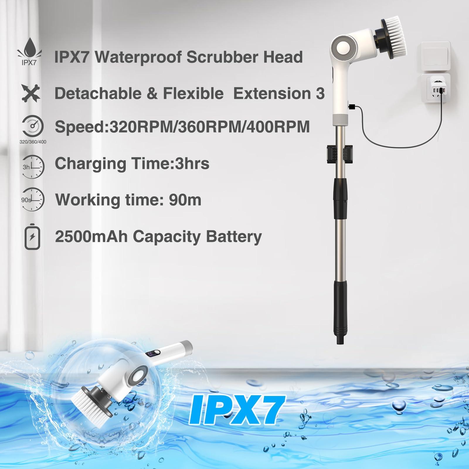 Bamifun Angle Adjustable Electric Spin Scrubber Cordless Cleaning Brush with 3 Speeds Cordless Scrubber Home Electric Scrubber Power Scrubber Shower Scrubber Power Display Screen for Bathroom Kitchen