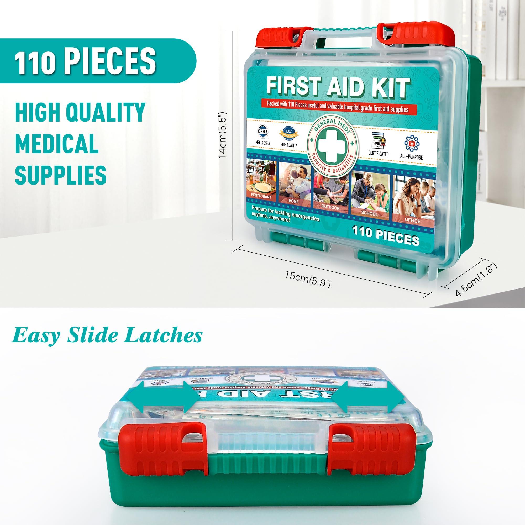 General Medi General Medi 110 Pieces Small First Aid Kit - HardCase First Aid Box - Contains Premium Medical Supplies for Travel, Home, Office, Vehicle, Camping, Workplace & Outdoor
