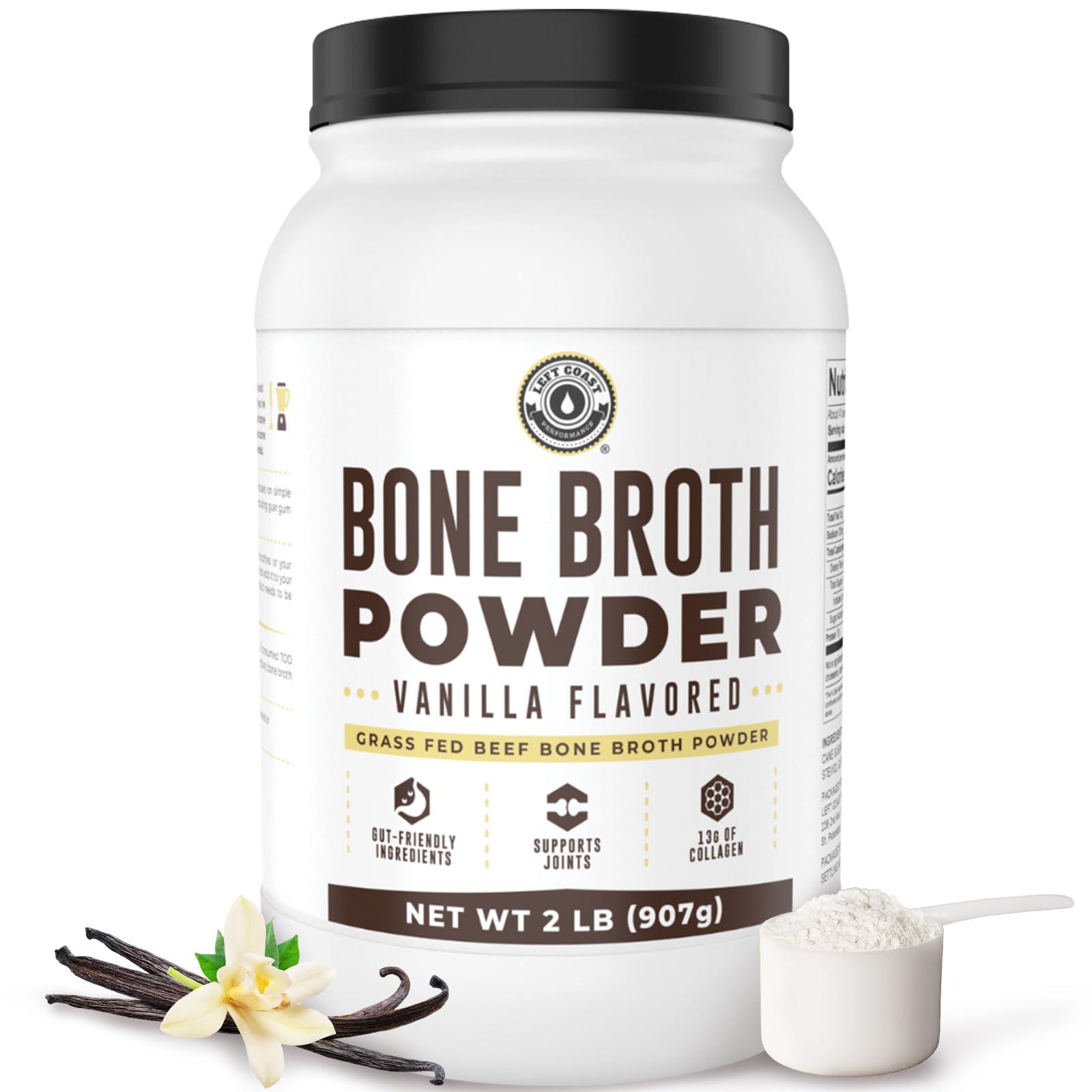 Left Coast Performance 32oz Vanilla Bone Broth Protein Powder From Grass Fed Beef - Non-GMO Ingredients, Gut-Friendly, Low Carb Dairy Free Protein Powder - Natural Collagen Source For Joint Support - Keto Friendly