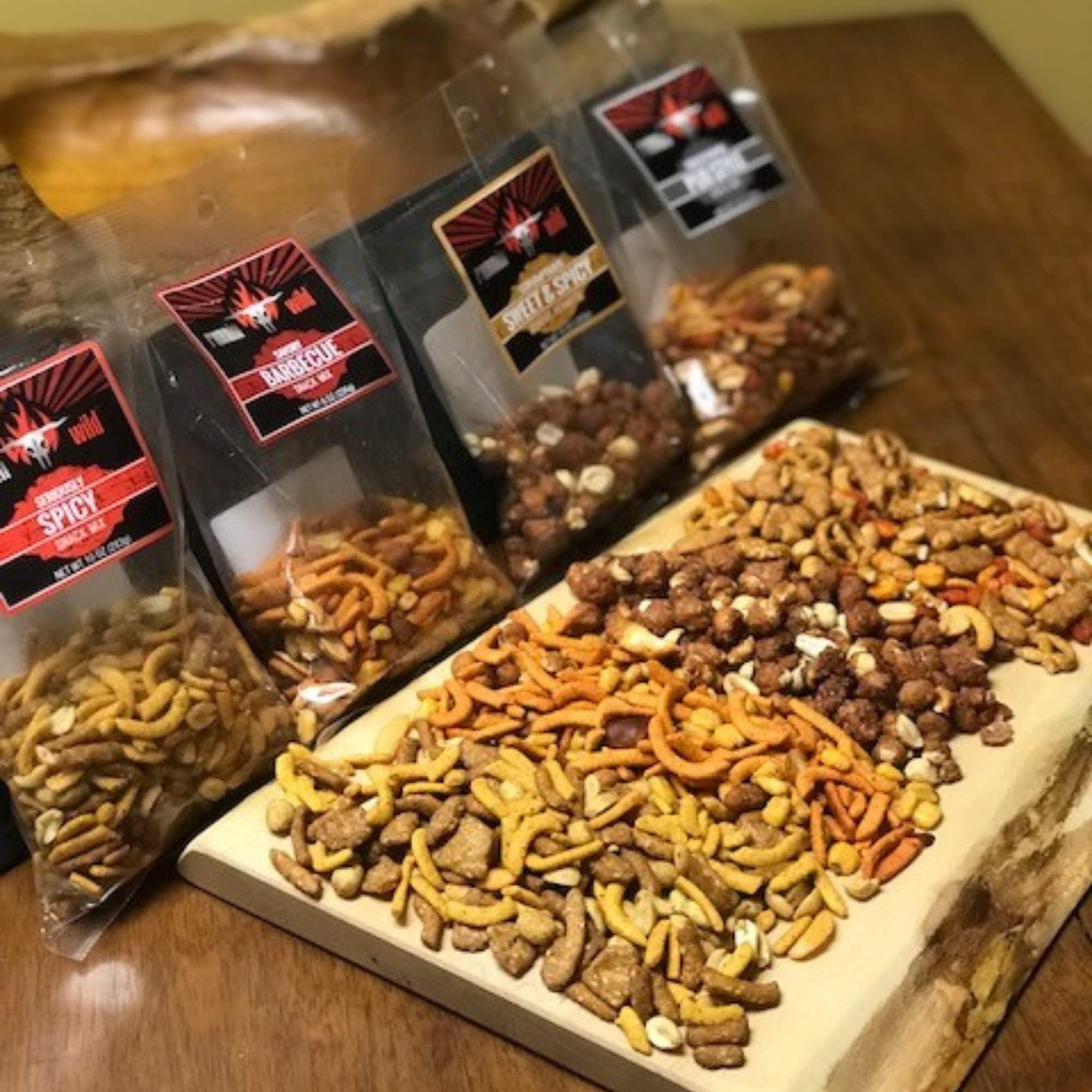 RunninWild Spicy Snack Mix | Party Mix including hot Cajun corn sticks, roasted peanuts, and cheddar cheese sesame sticks | Runnin' Wild Foods, 1.5 Pounds Total (Box of 3 bags, 8oz each)