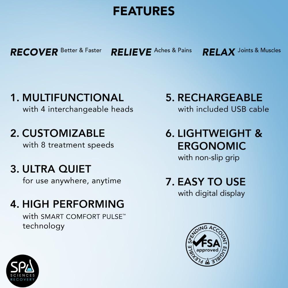 SPA SCIENCES SPA SCIENCES - SmartGun Pro Therapeutic Deep Tissue Percussion Massager for Muscle Soreness with Interchangeable Heads and 8 Intensity Levels USB Rechargeable Black