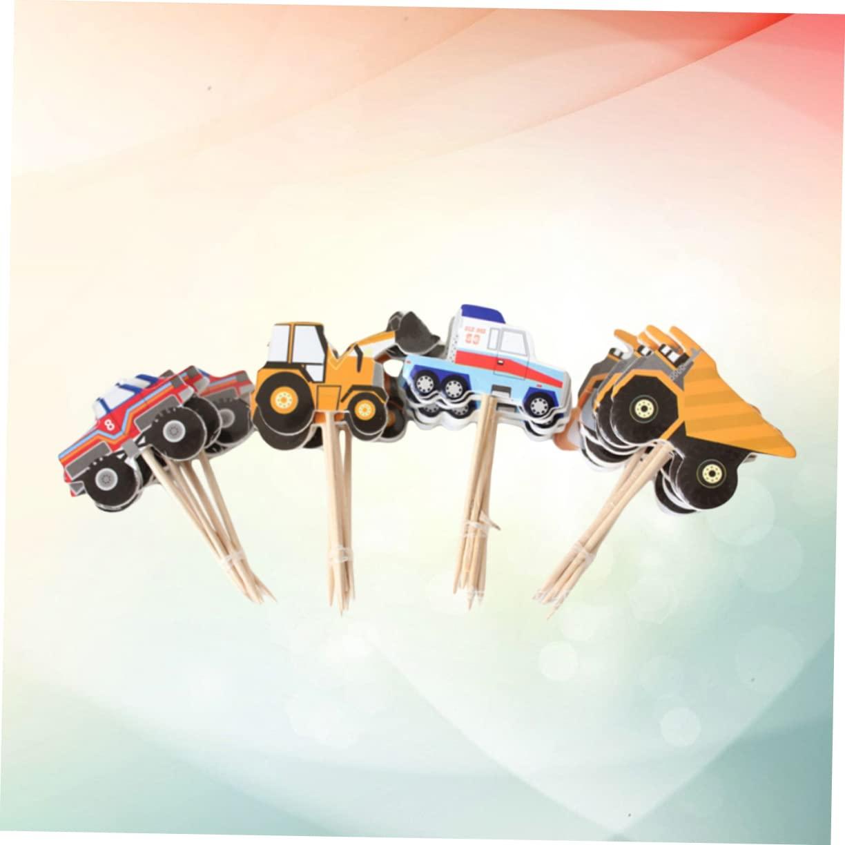 VICASKY VICASKY 48pcs Creative Cake Toppers Gold Cupcake Liners Birthday Construction Sign Monster Truck Cupcake Toppers Party Toppings Containers with Lids Supplies Baking Decorations Wooden