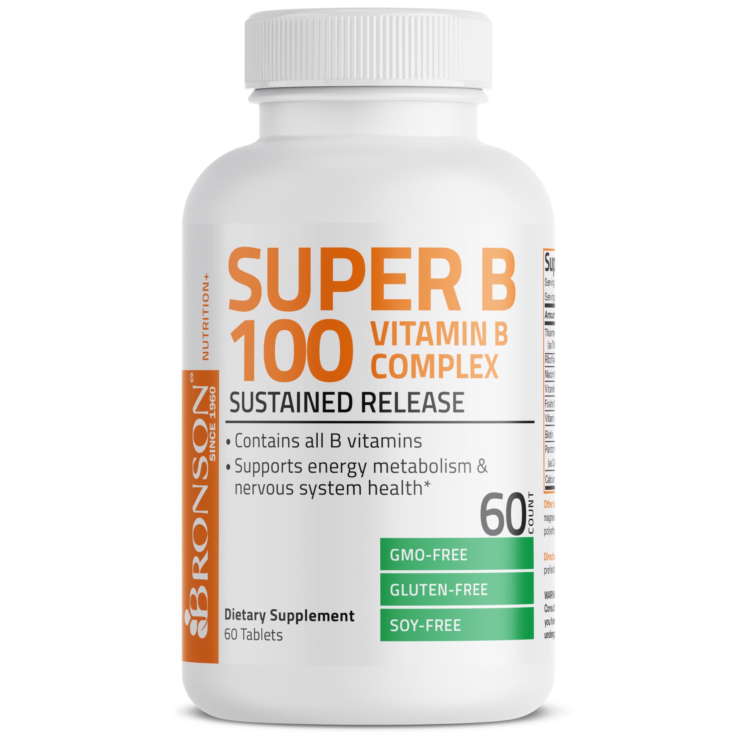 Bronson Bronson Vitamin B 100 Complex High Potency Sustained Release (Vitamin B1, B2, B3, B6, B9 - Folic Acid, B12), 60 Tablets