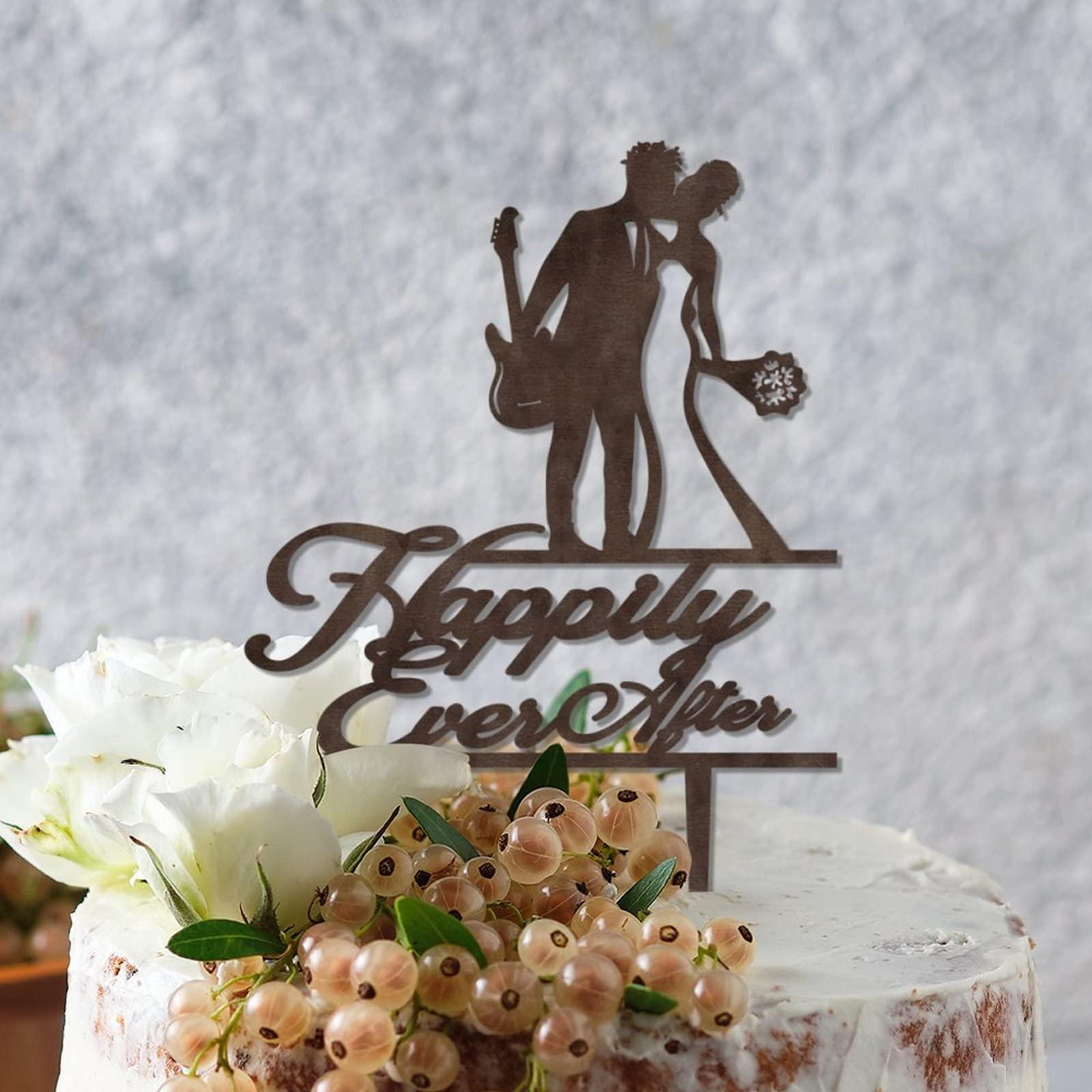 YJHLBHDIAN Silhouette Guitar Player African American Wedding Cake Topper Bride and Groom Personalized Cake Toppers Mr & Mrs Wedding Cake Toppers Couple Married Gift Personalized Cake Topper Wood Cake Topper