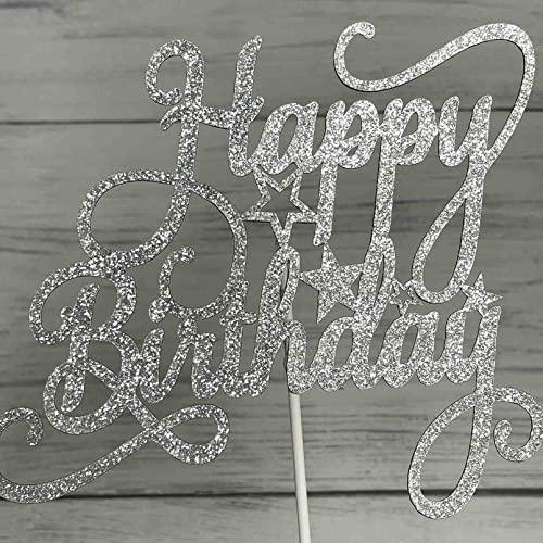 JIEEIN Happy Birthday Cake Topper for Birthday Party Decorations,(Double Sided Silver Glitter)