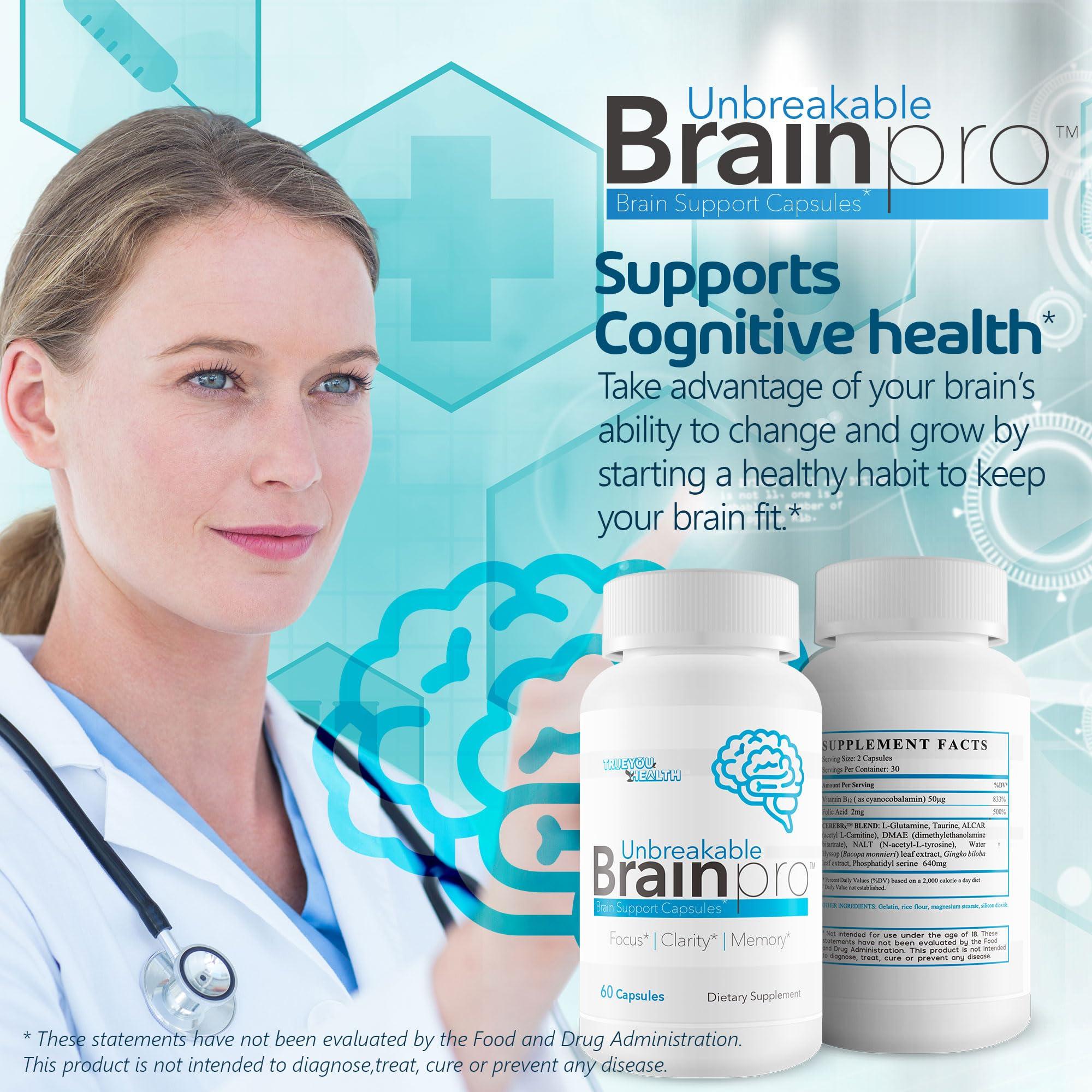 True You Health Unbreakable Brain Pro - Our Best Brain Support Supplement - Premium Brain Memory Support - Natural Brain Health Support - Brain Support for Women & Men - Brain Support Supplements for Memory and Focus