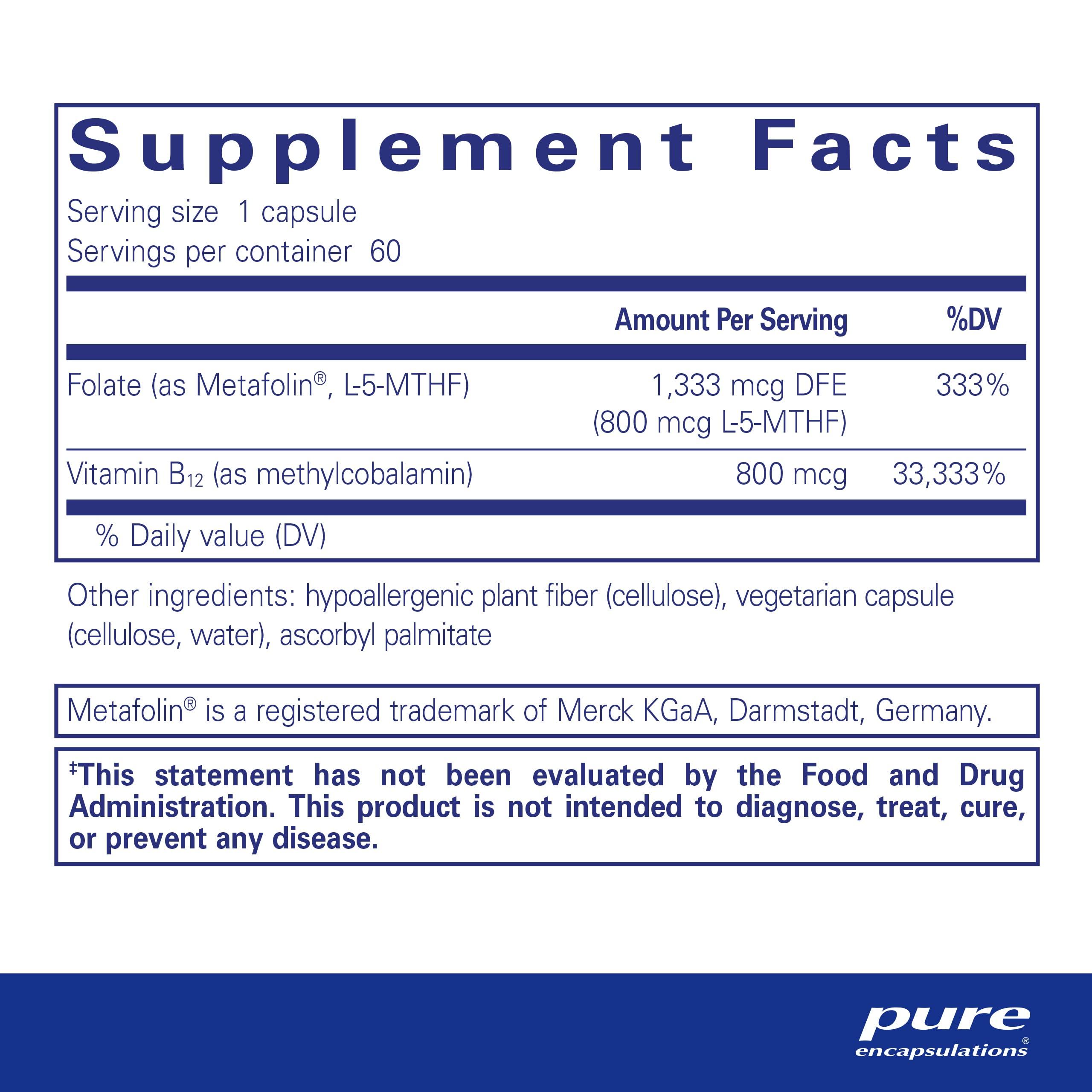 Pure Encapsulations Pure Encapsulations B12 Folate - Energy Supplement to Support Nerves, Energy Metabolism & Cognitive Support* - with Vitamin B Folate as Metafolin - 60 Capsules