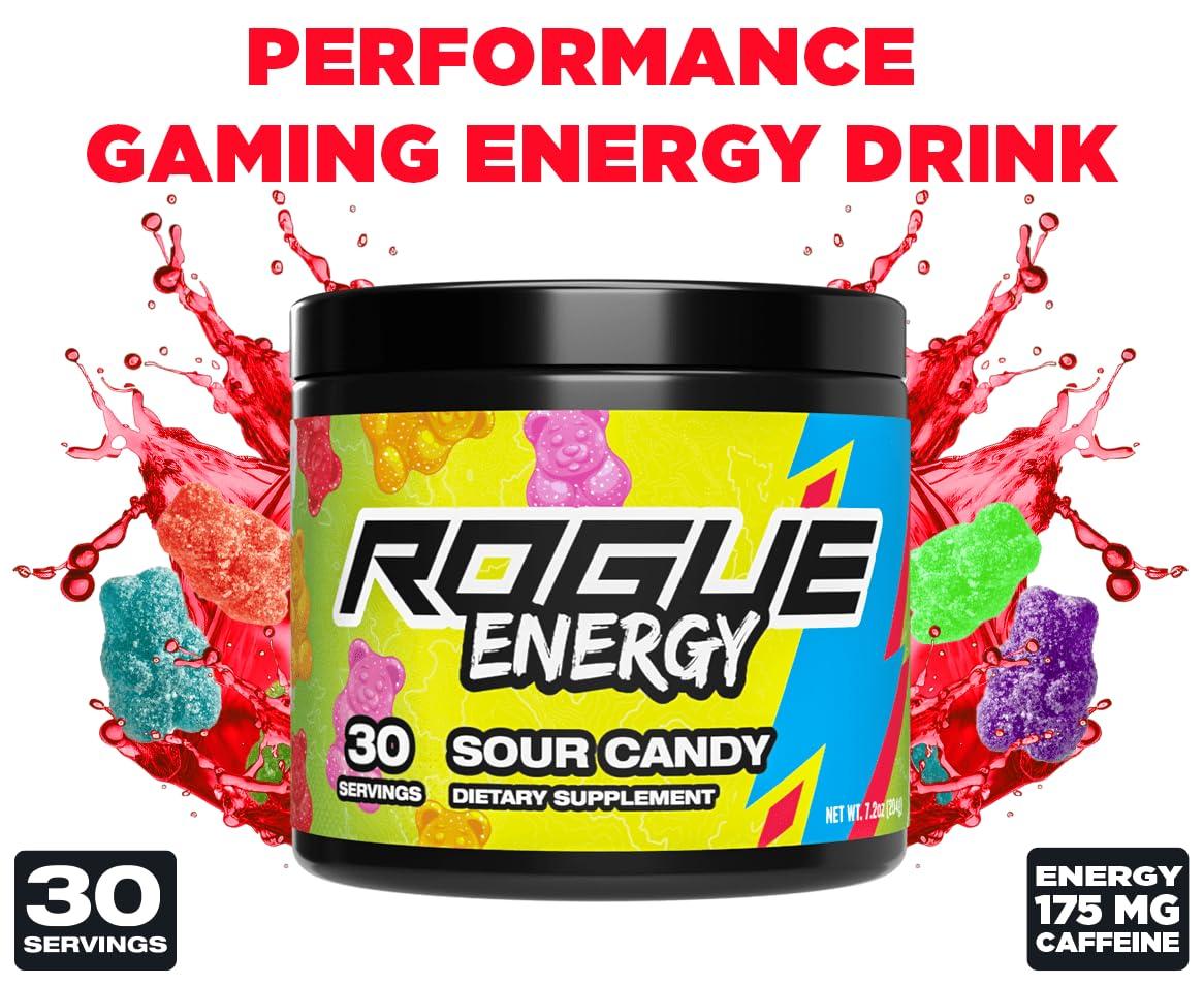 Rogue Energy Rogue Energy Energy Drink Powder for Long Gaming Hours - Energy Powder for Mental Focus - Sugar & Gluten Free - Gaming Supplement with Caffeine & Vitamins - Made in USA (Sour Candy - 40 Servings)