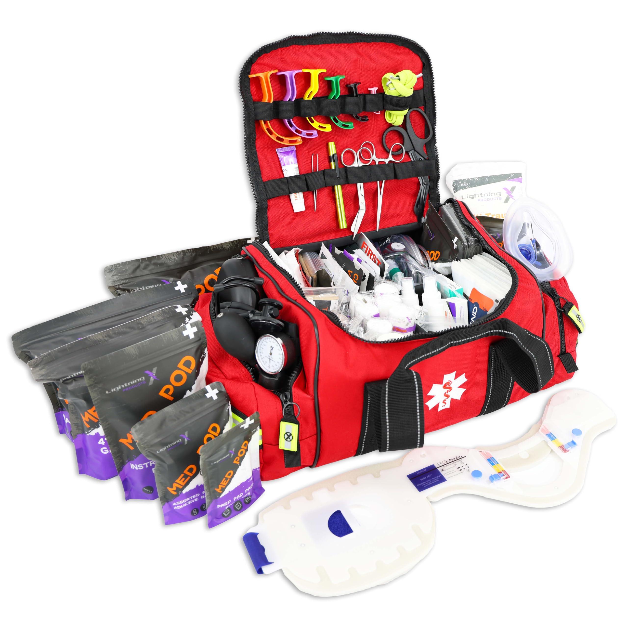 Lightning X Products Lightning X Pre-Stocked EMS/EMT Trauma Kit w/Large First Responder Bag & 256 First Aid Medical Supplies - RED