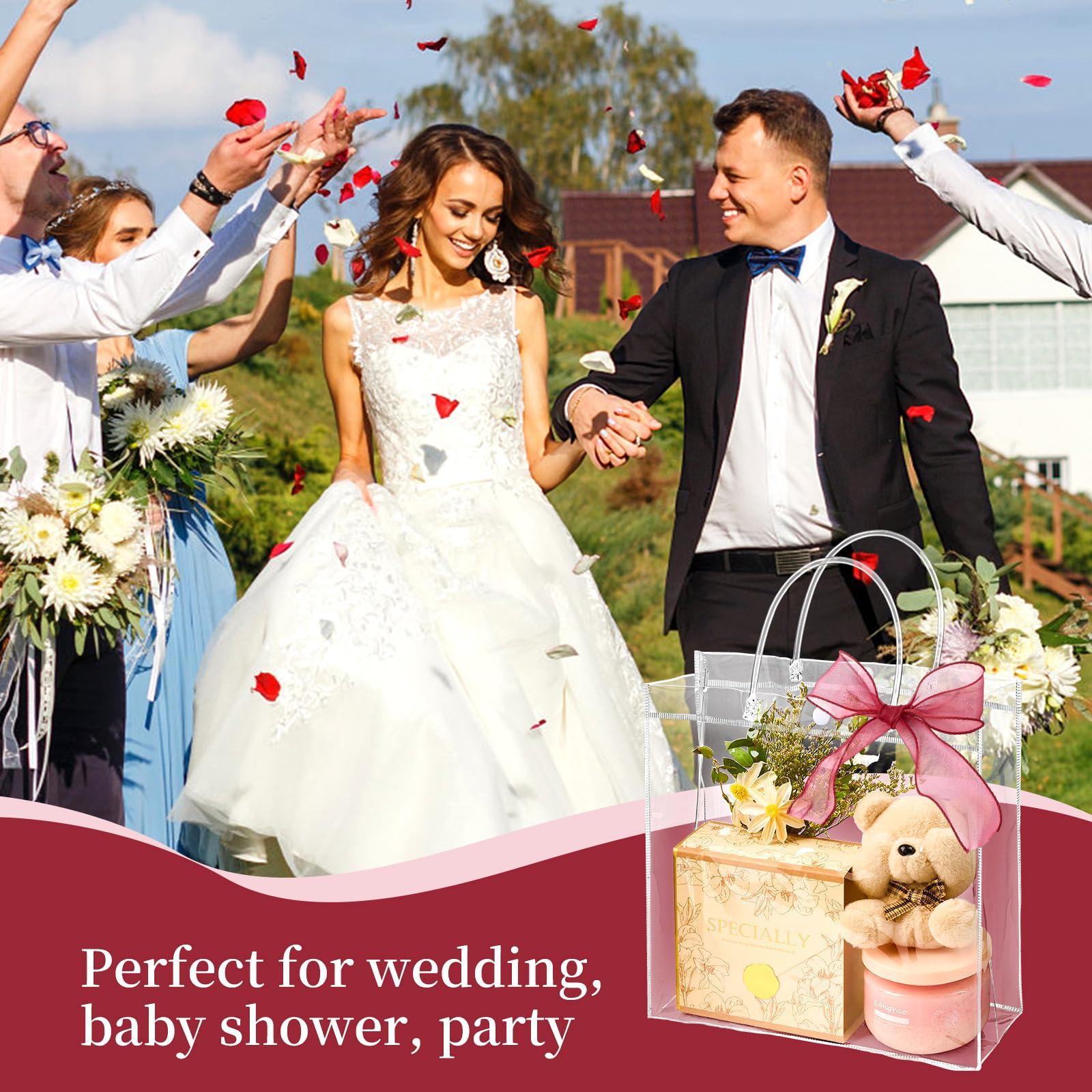 Jutieuo Jutieuo 20 Pack Clear Plastic Gift Bags with Handle, 9.84\" x 9.84\" x 3.54\", Reusable Transparent PVC Gift Wrap Tote Bags Bulk with Ribbons for Wedding, Baby Shower, Birthday Party Favor Bags