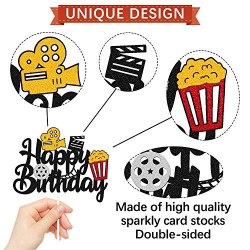 Vikiwiin Film Cake Topper Movie Cinema Birthday Cake Decoration Happy Birthday Sign Cake Decor for Film Projector Movie Night Camera Popcorn Theater Theme Bday Party Celerbrating Supplies