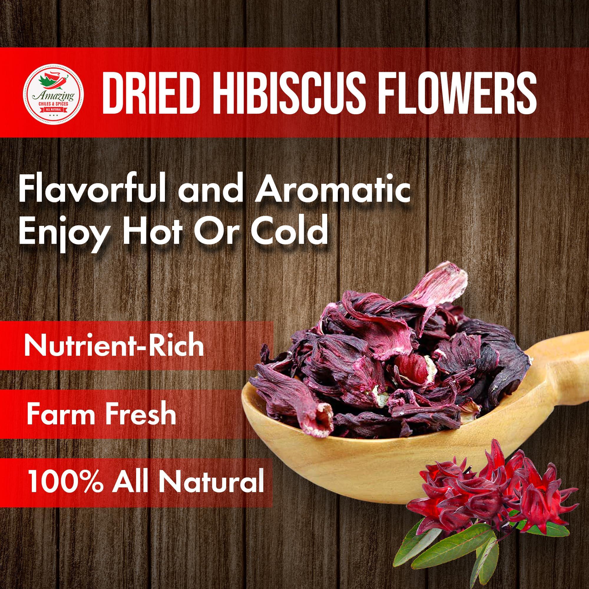 Amazing Chiles & Spices Hibiscus Flowers 2lb (32oz) – All Natural, Triple Cleaned - Whole Soft Flowers and Petals - Flor de Jamaica. Great for Hot or Iced Tea and Agua Fresca. By Amazing Chiles and Spices